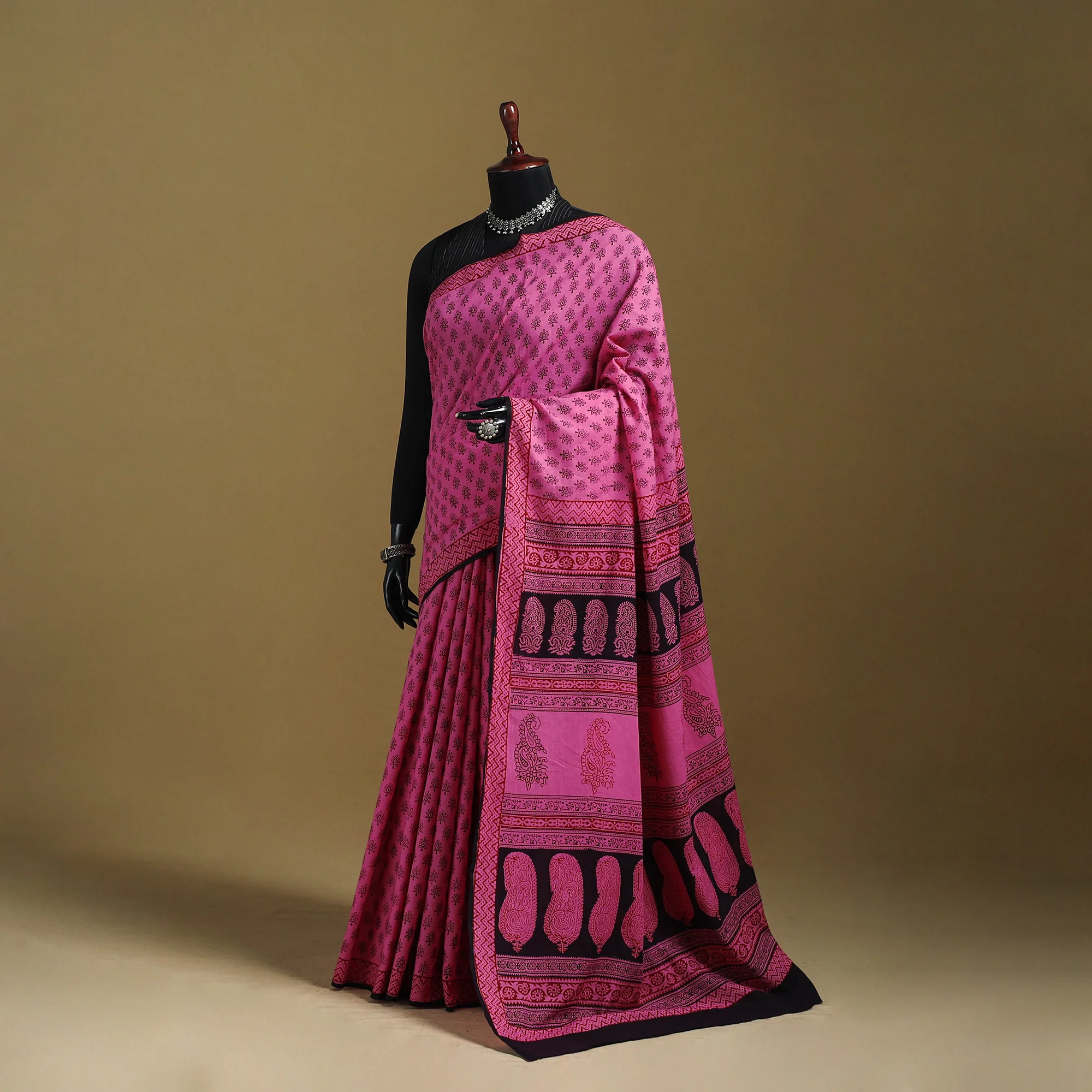 Pink - Bagh Hand Block Print Natural Dyed Cotton Saree 20