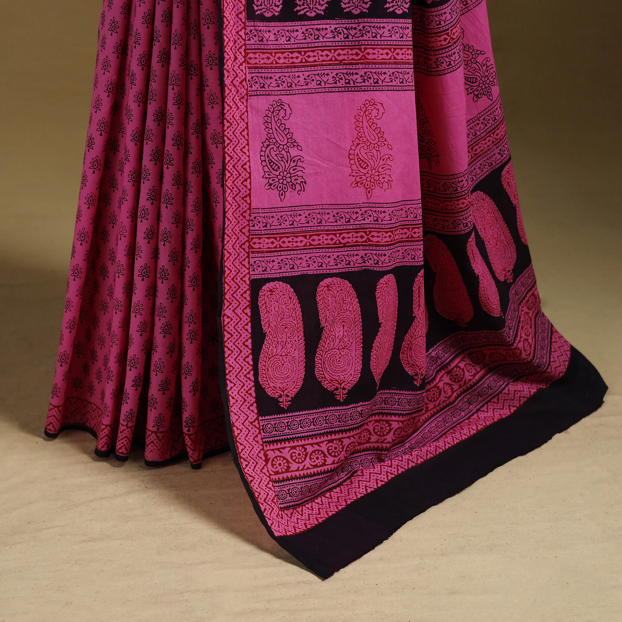Pink - Bagh Hand Block Print Natural Dyed Cotton Saree 20 - Image 4