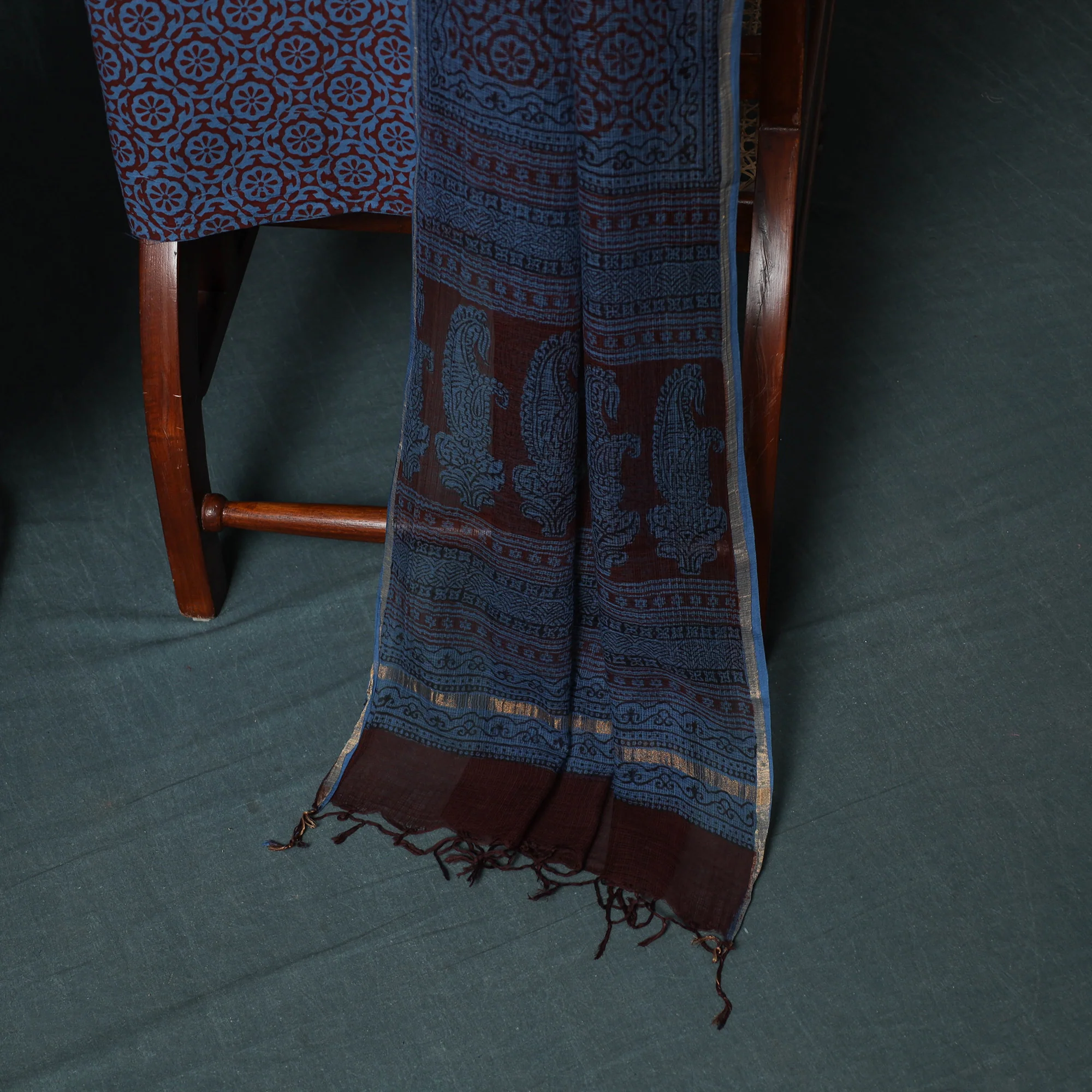 Blue - Bagh Hand Block Print Natural Dyed Kota Doria Cotton 3pc Unstitched Dress Material Suit Set 01 - Image 4