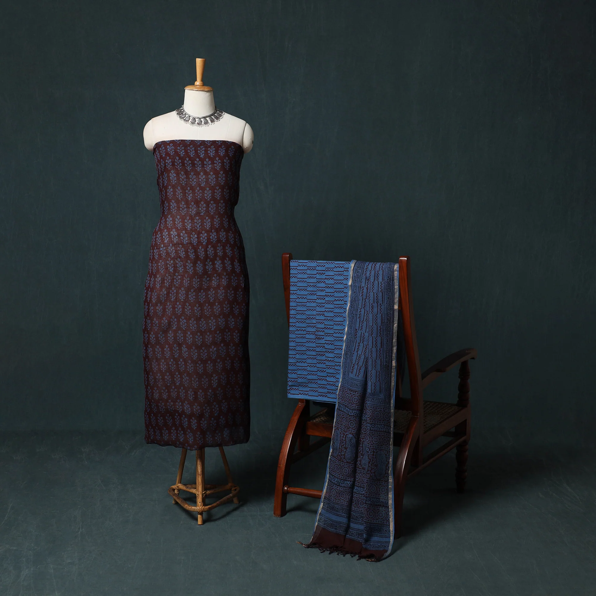 Brown - Bagh Hand Block Print Natural Dyed Kota Doria Cotton 3pc Unstitched Dress Material Suit Set 03 - Image 2