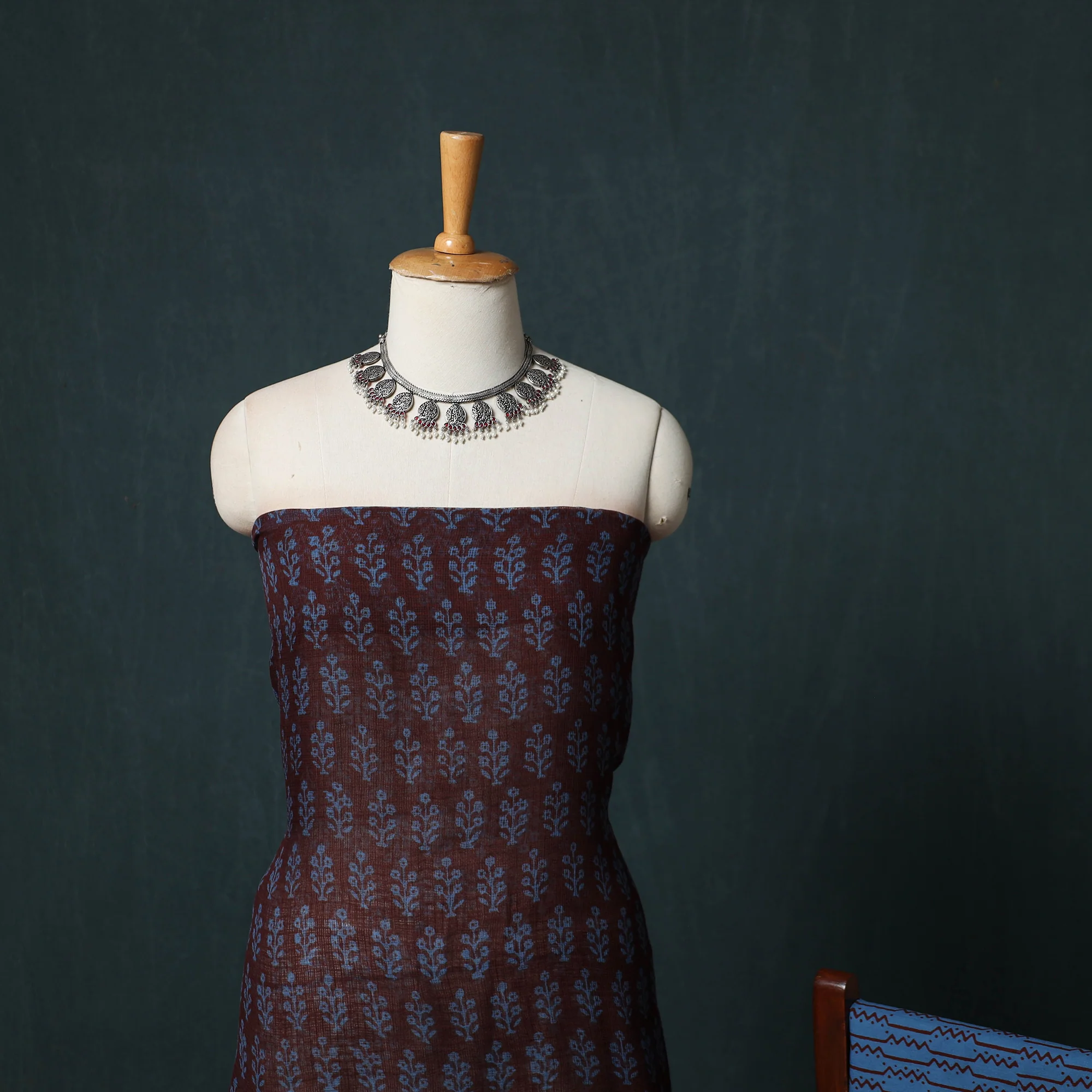 Brown - Bagh Hand Block Print Natural Dyed Kota Doria Cotton 3pc Unstitched Dress Material Suit Set 03 - Image 3