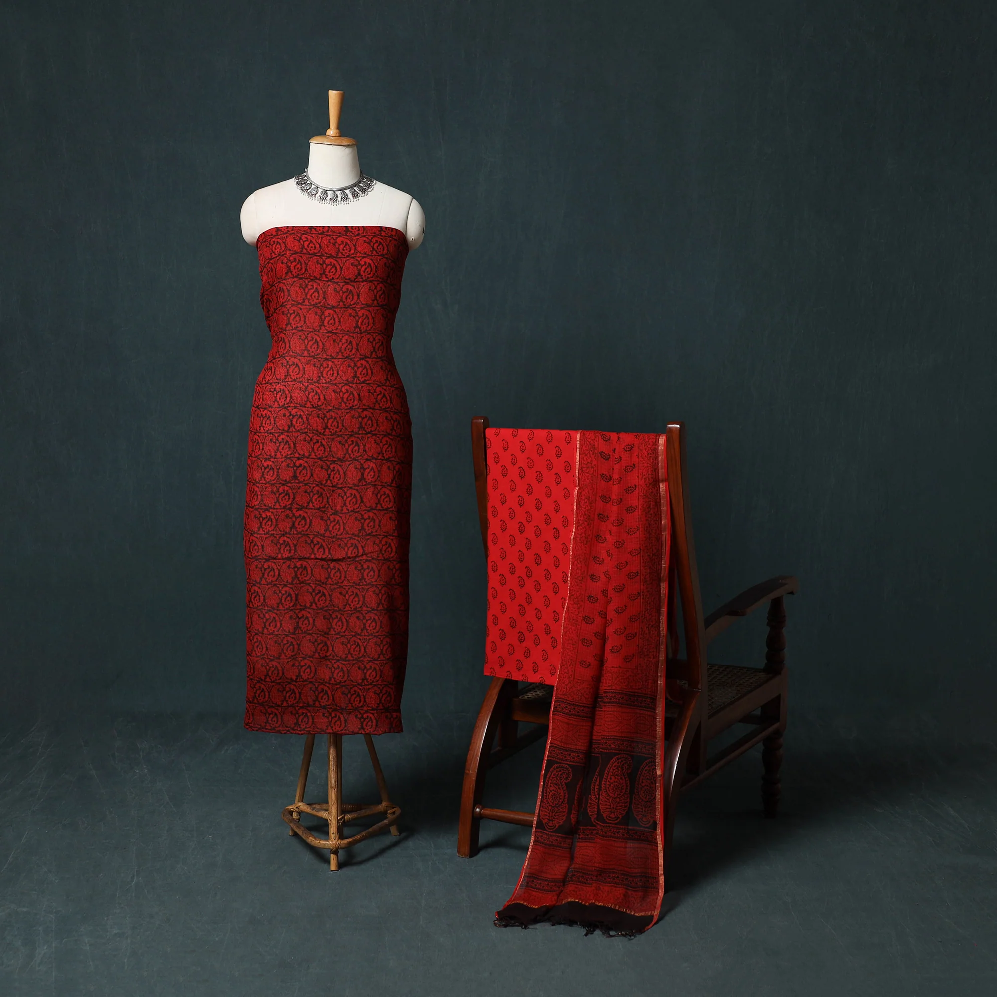 Red - Bagh Hand Block Print Natural Dyed Kota Doria Cotton 3pc Unstitched Dress Material Suit Set 05 - Image 2