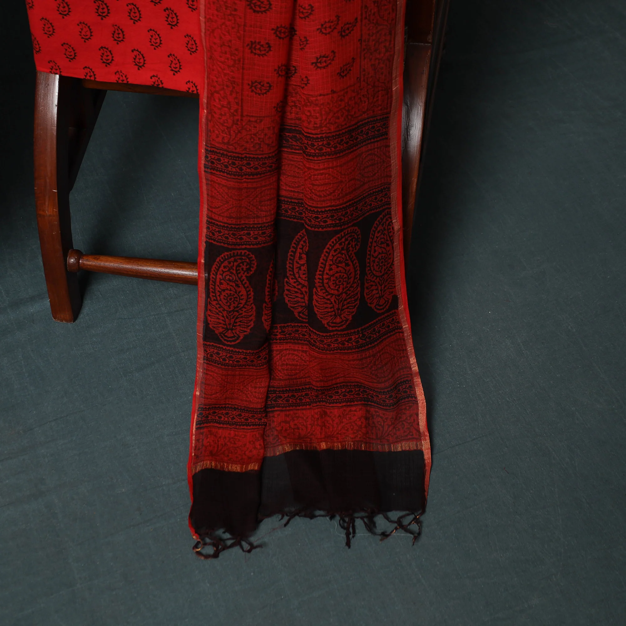Red - Bagh Hand Block Print Natural Dyed Kota Doria Cotton 3pc Unstitched Dress Material Suit Set 05 - Image 4
