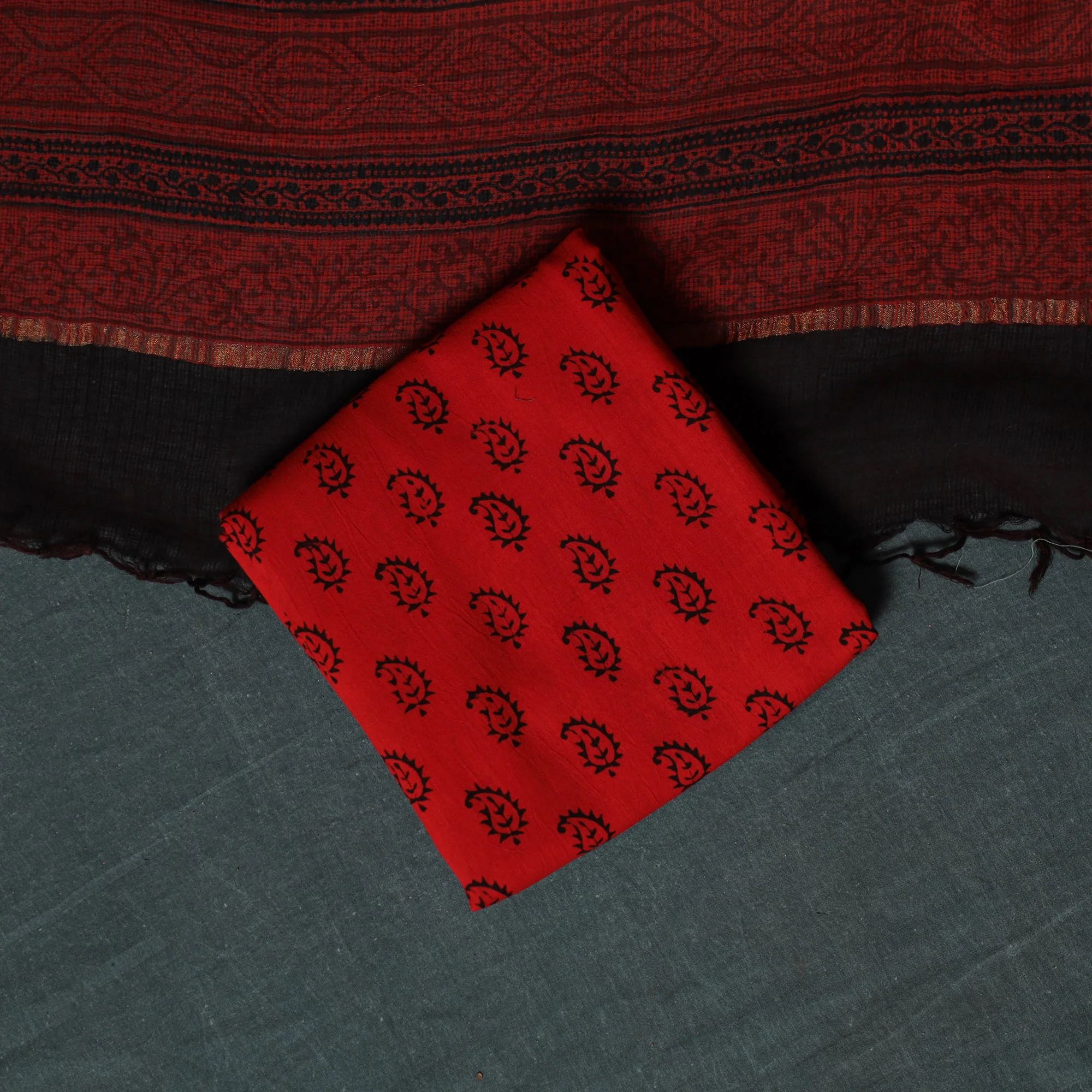 Red - Bagh Hand Block Print Natural Dyed Kota Doria Cotton 3pc Unstitched Dress Material Suit Set 05 - Image 5