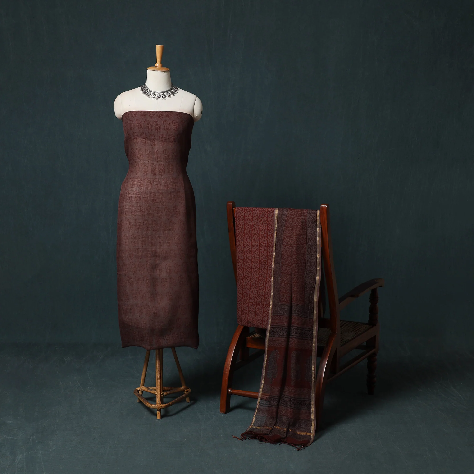 Brown - Bagh Hand Block Print Natural Dyed Kota Doria Cotton 3pc Unstitched Dress Material Suit Set 06 - Image 2