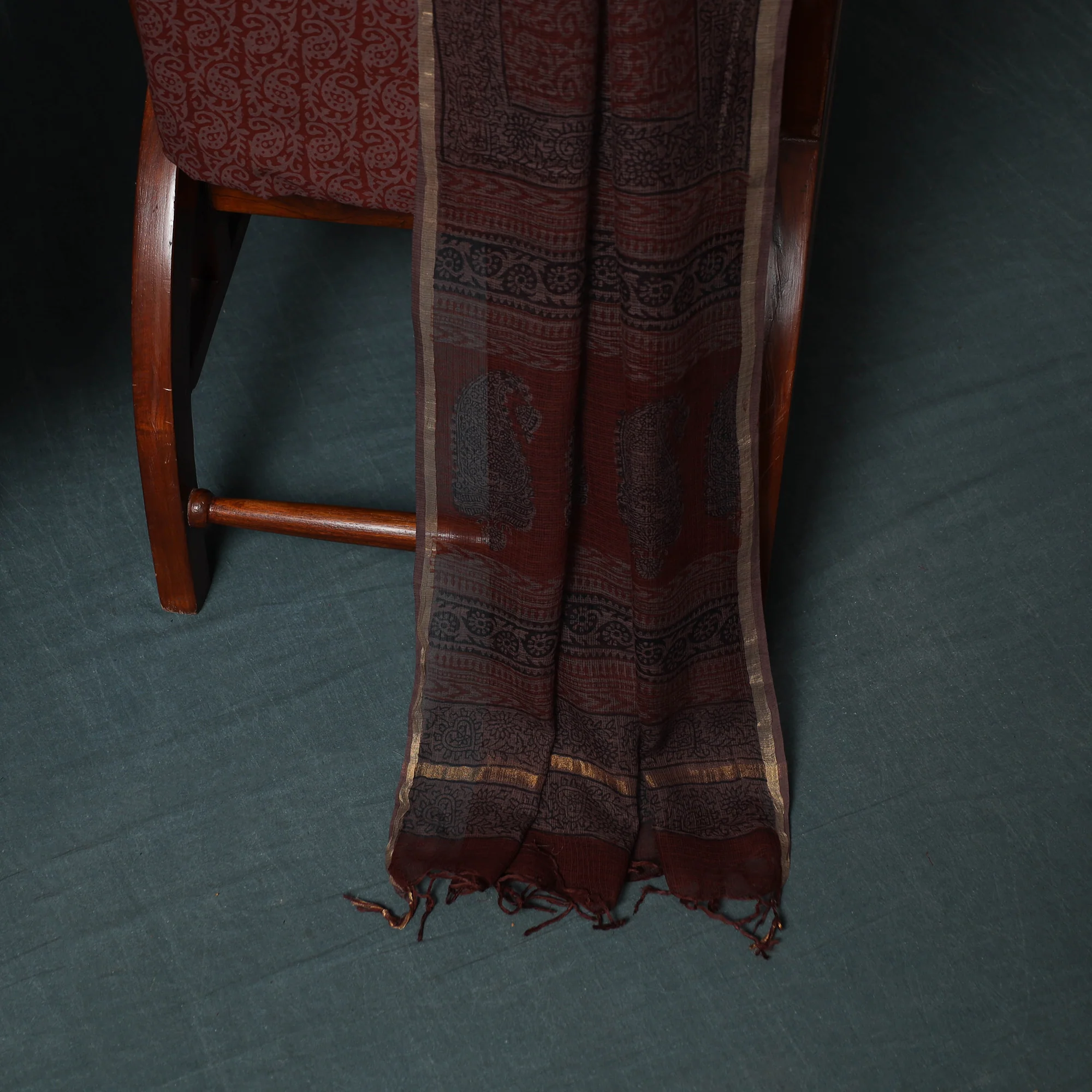 Brown - Bagh Hand Block Print Natural Dyed Kota Doria Cotton 3pc Unstitched Dress Material Suit Set 06 - Image 4