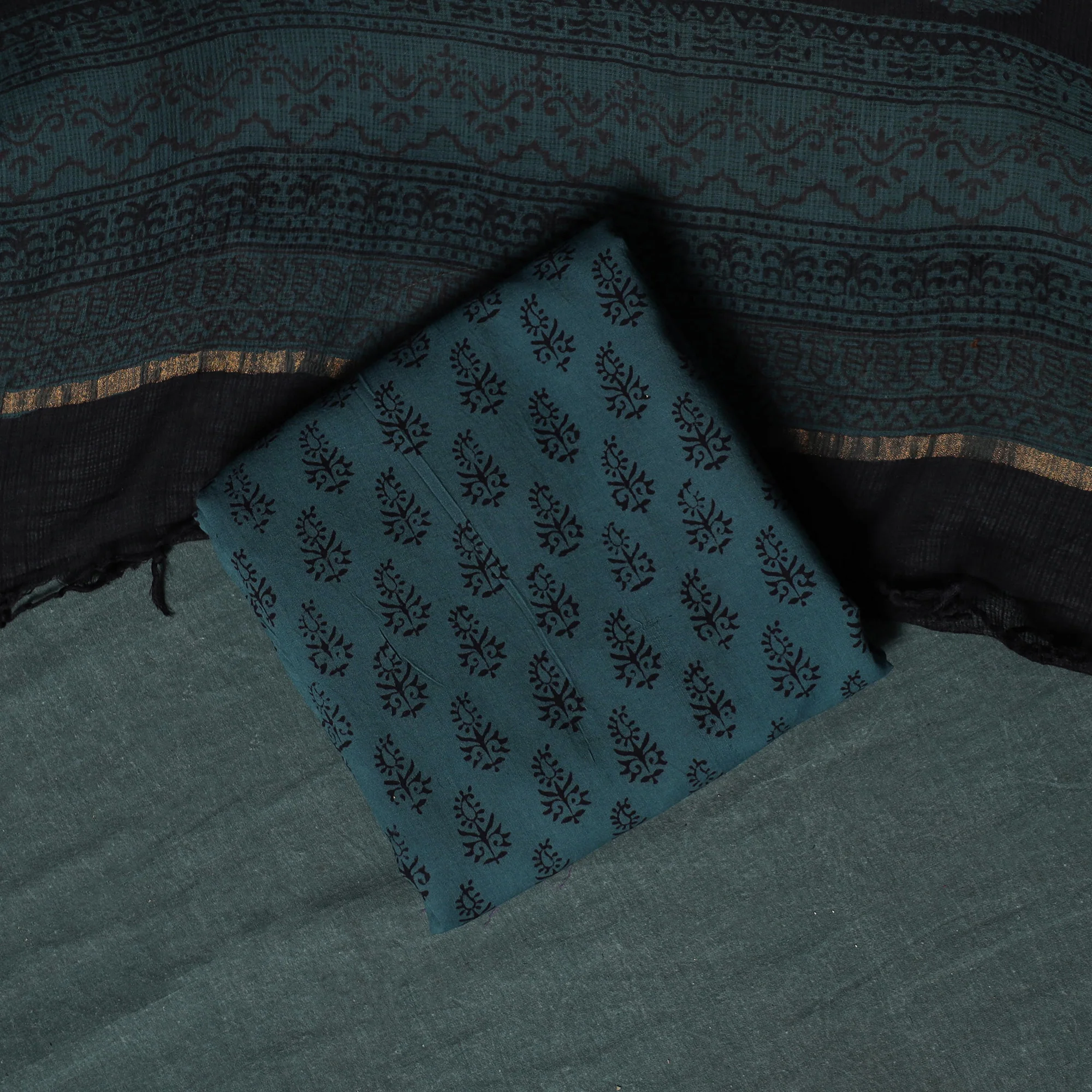 Black - Bagh Hand Block Print Natural Dyed Kota Doria Cotton 3pc Unstitched Dress Material Suit Set 07 - Image 5