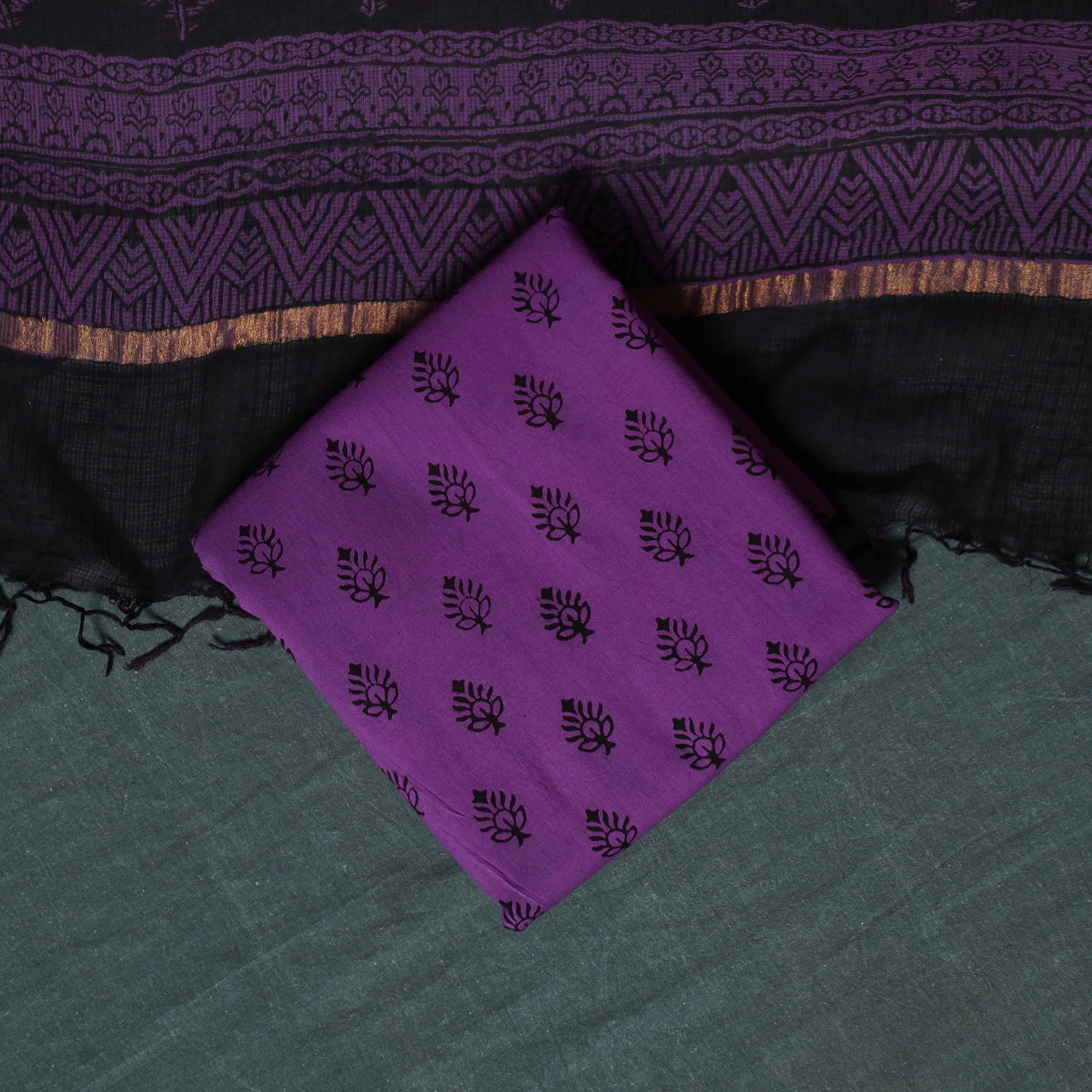Purple - Bagh Hand Block Print Natural Dyed Kota Doria Cotton 3pc Unstitched Dress Material Suit Set 08 - Image 5