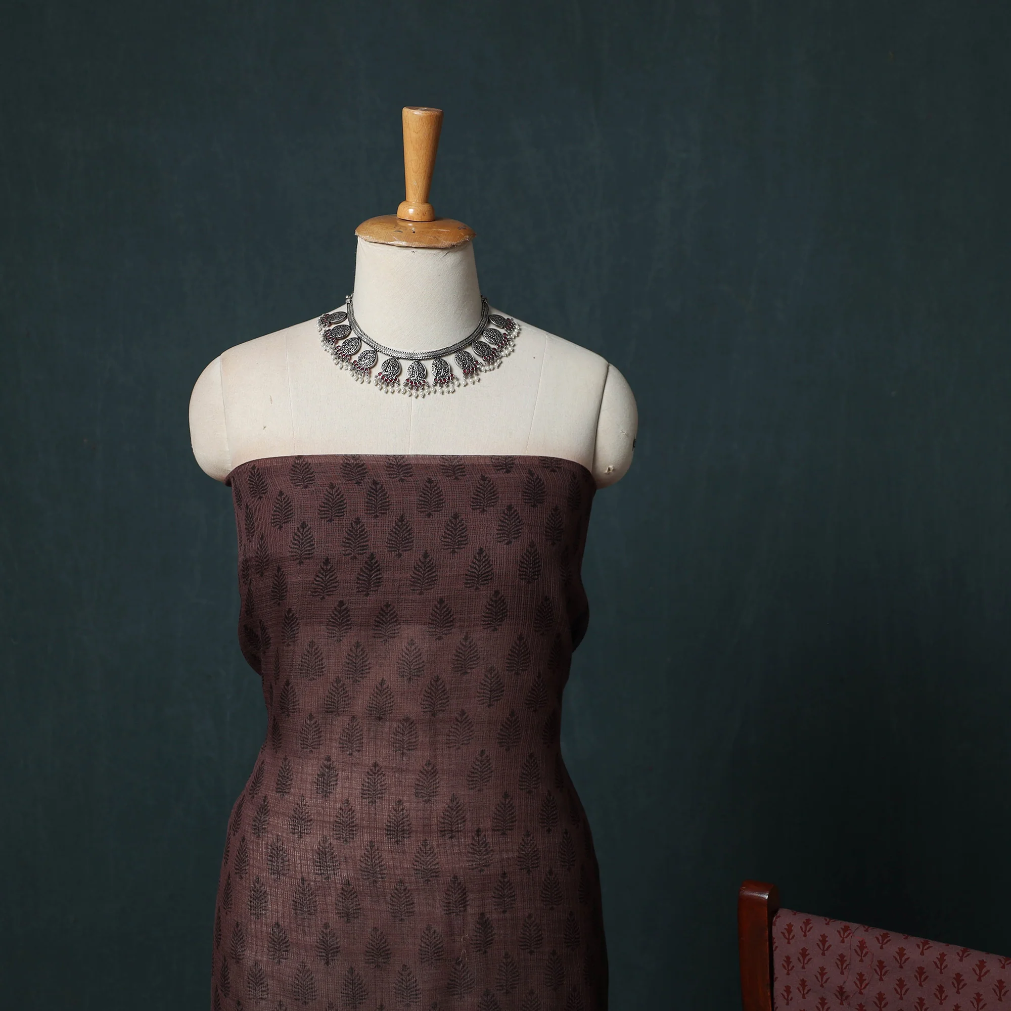 Brown - Bagh Hand Block Print Natural Dyed Kota Doria Cotton 3pc Unstitched Dress Material Suit Set 13 - Image 3