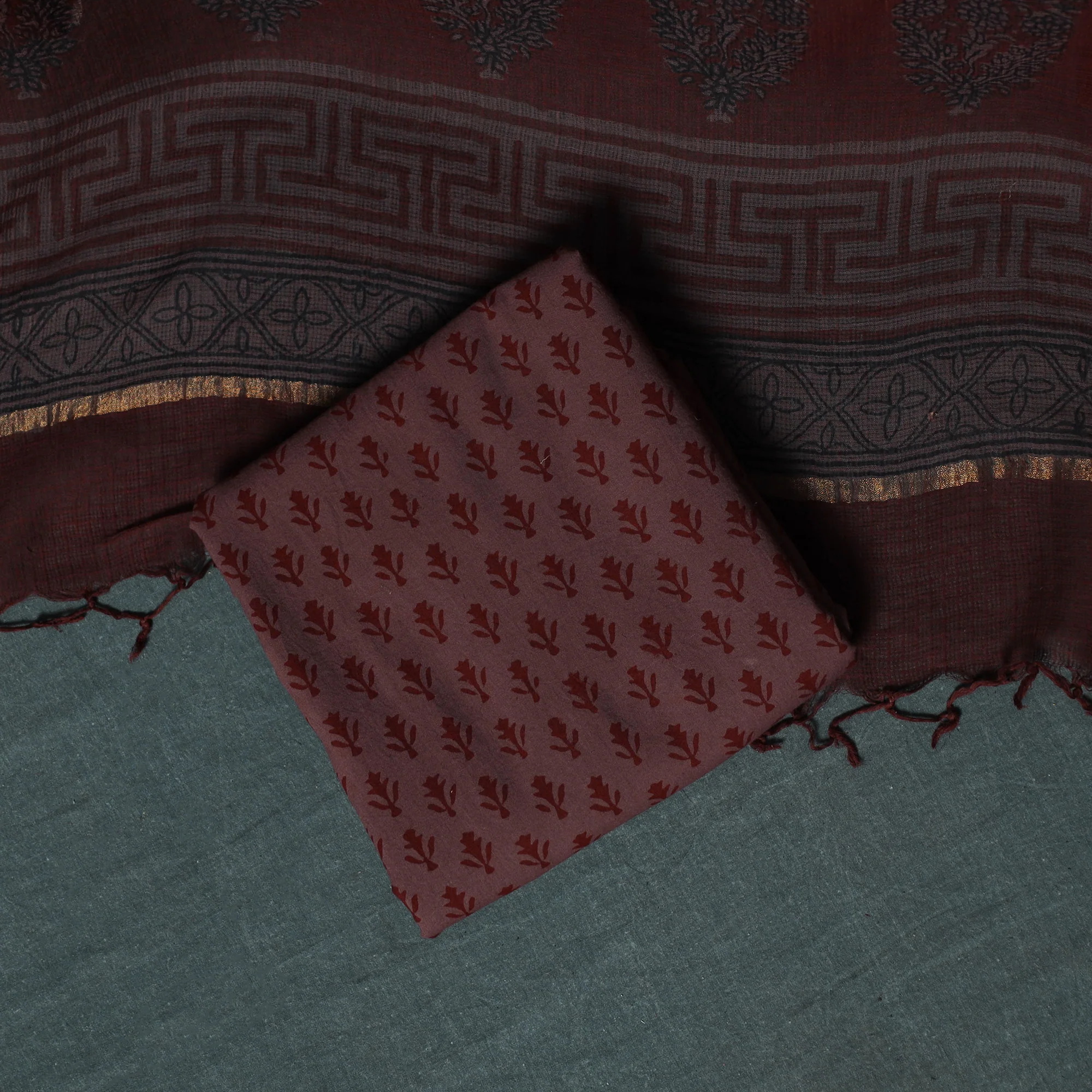 Brown - Bagh Hand Block Print Natural Dyed Kota Doria Cotton 3pc Unstitched Dress Material Suit Set 13 - Image 5