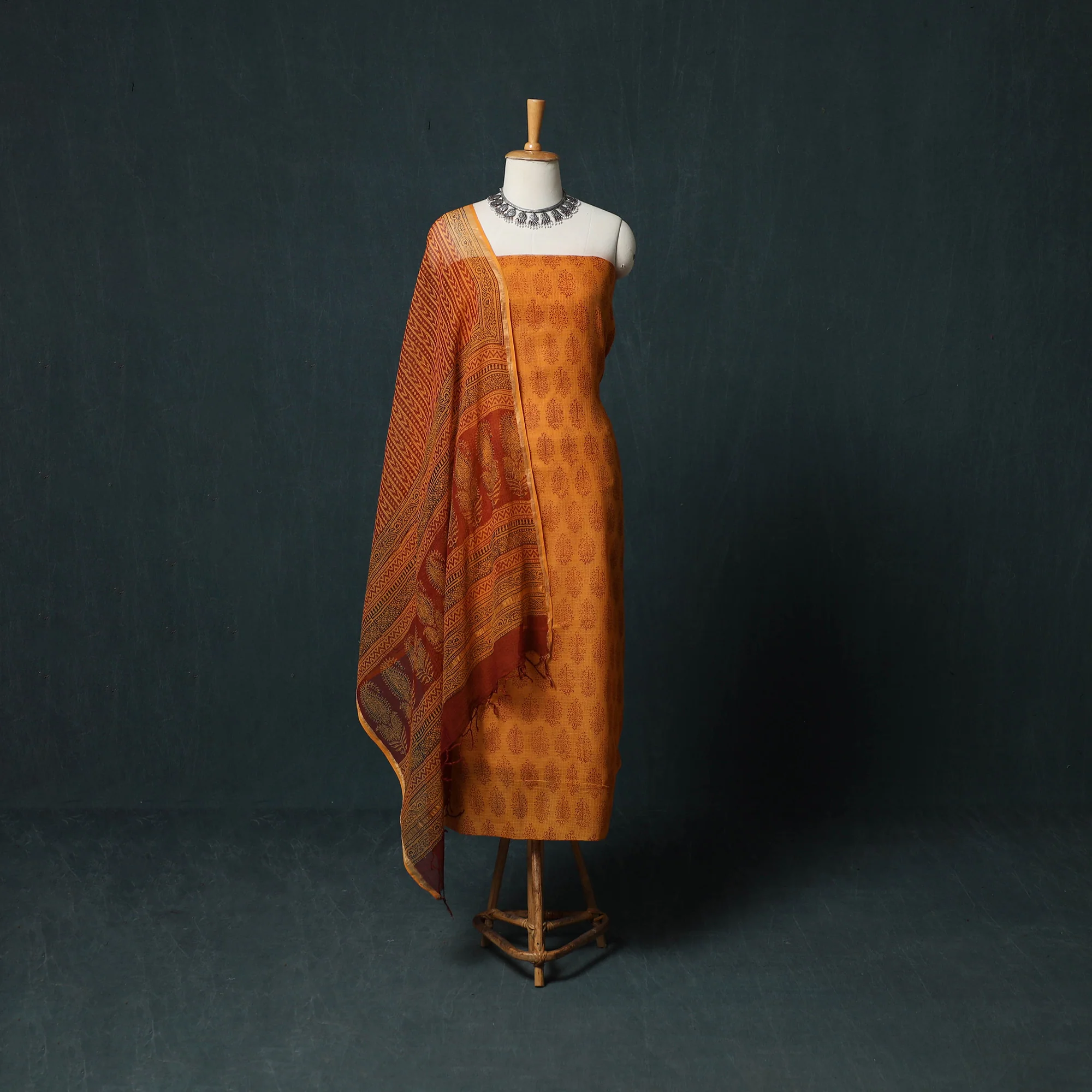 Orange - Bagh Hand Block Print Natural Dyed Kota Doria Cotton 3pc Unstitched Dress Material Suit Set 29