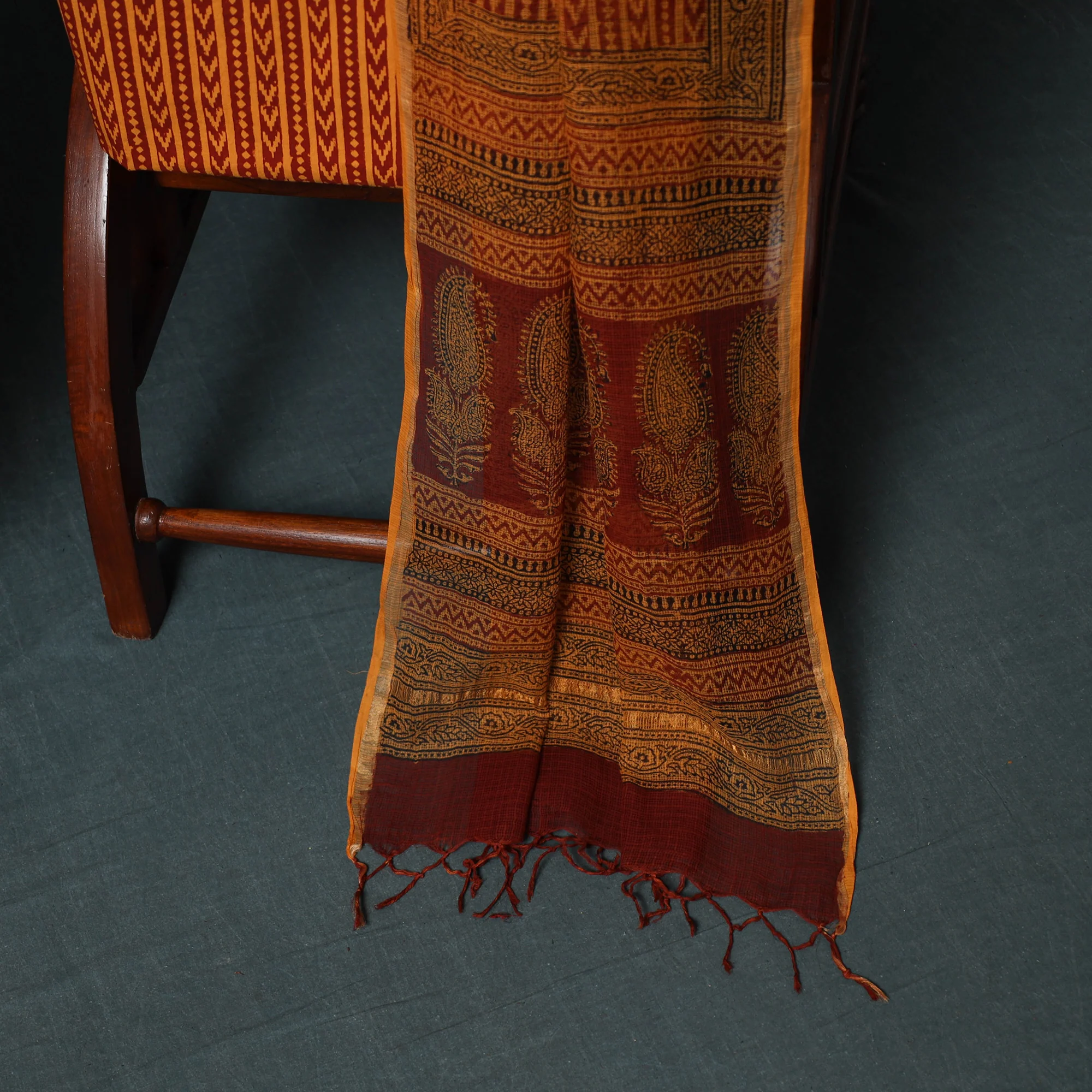 Orange - Bagh Hand Block Print Natural Dyed Kota Doria Cotton 3pc Unstitched Dress Material Suit Set 29 - Image 4