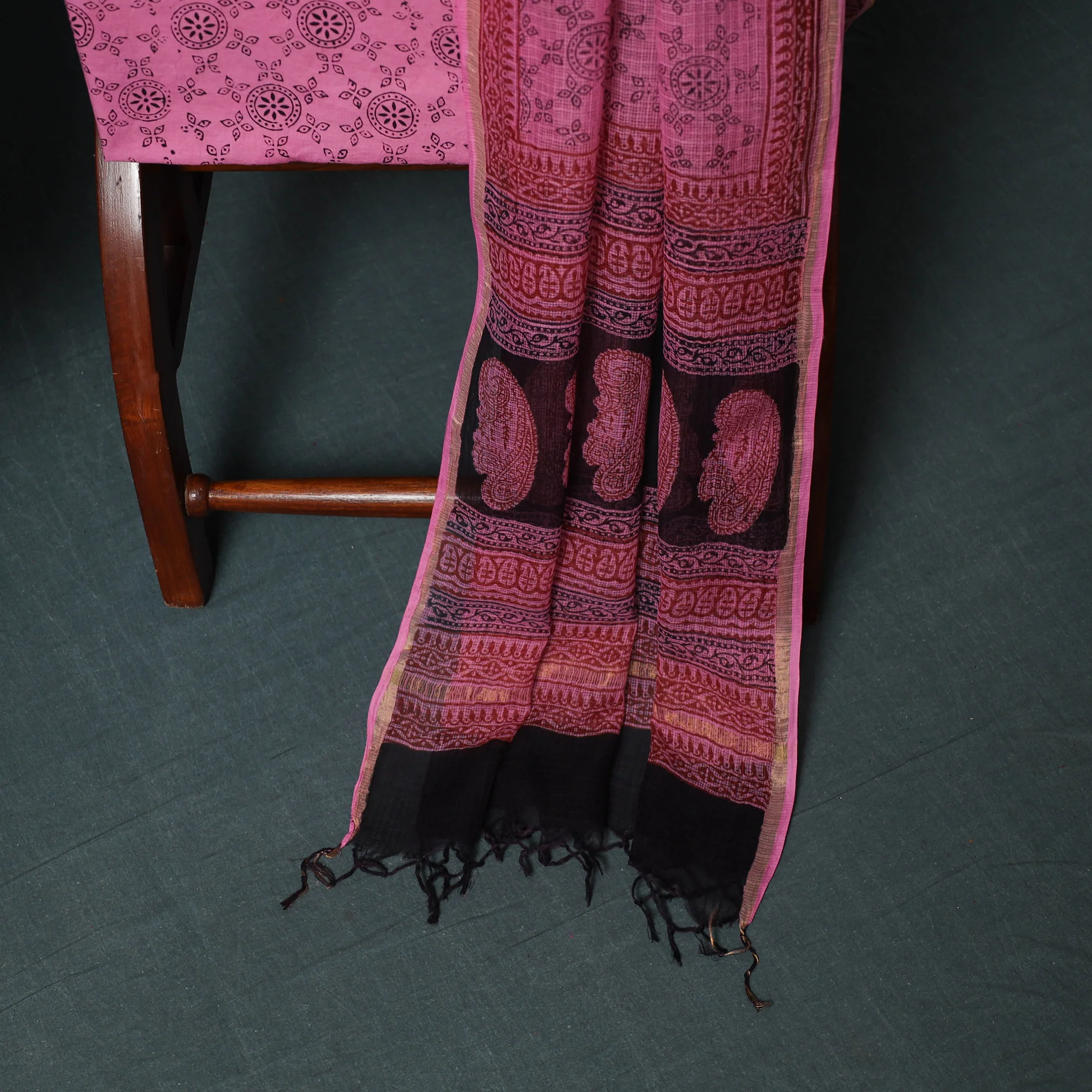 Pink - Bagh Hand Block Print Natural Dyed Kota Doria Cotton 3pc Unstitched Dress Material Suit Set 33 - Image 4