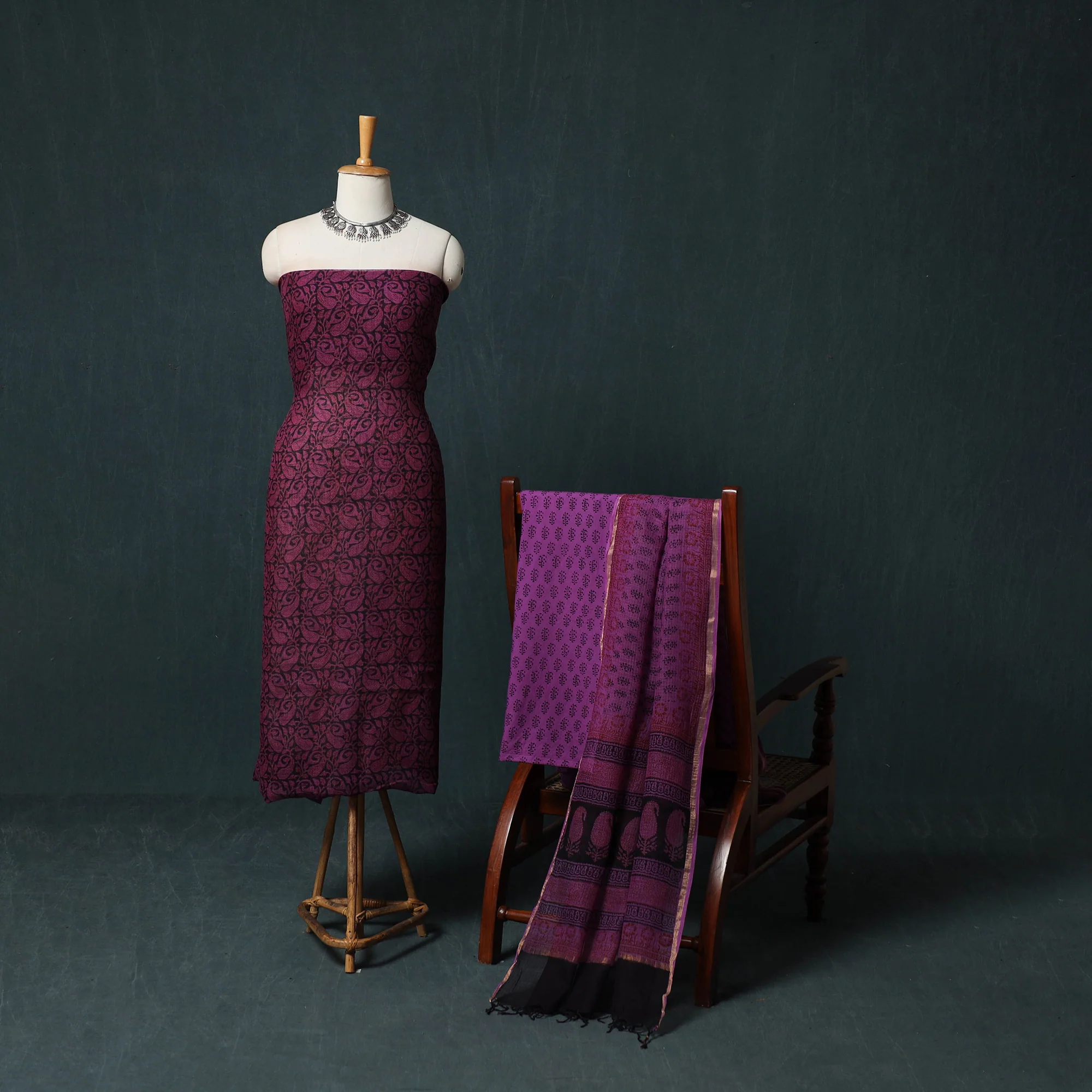 Purple - Bagh Hand Block Print Natural Dyed Kota Doria Cotton 3pc Unstitched Dress Material Suit Set 36 - Image 2