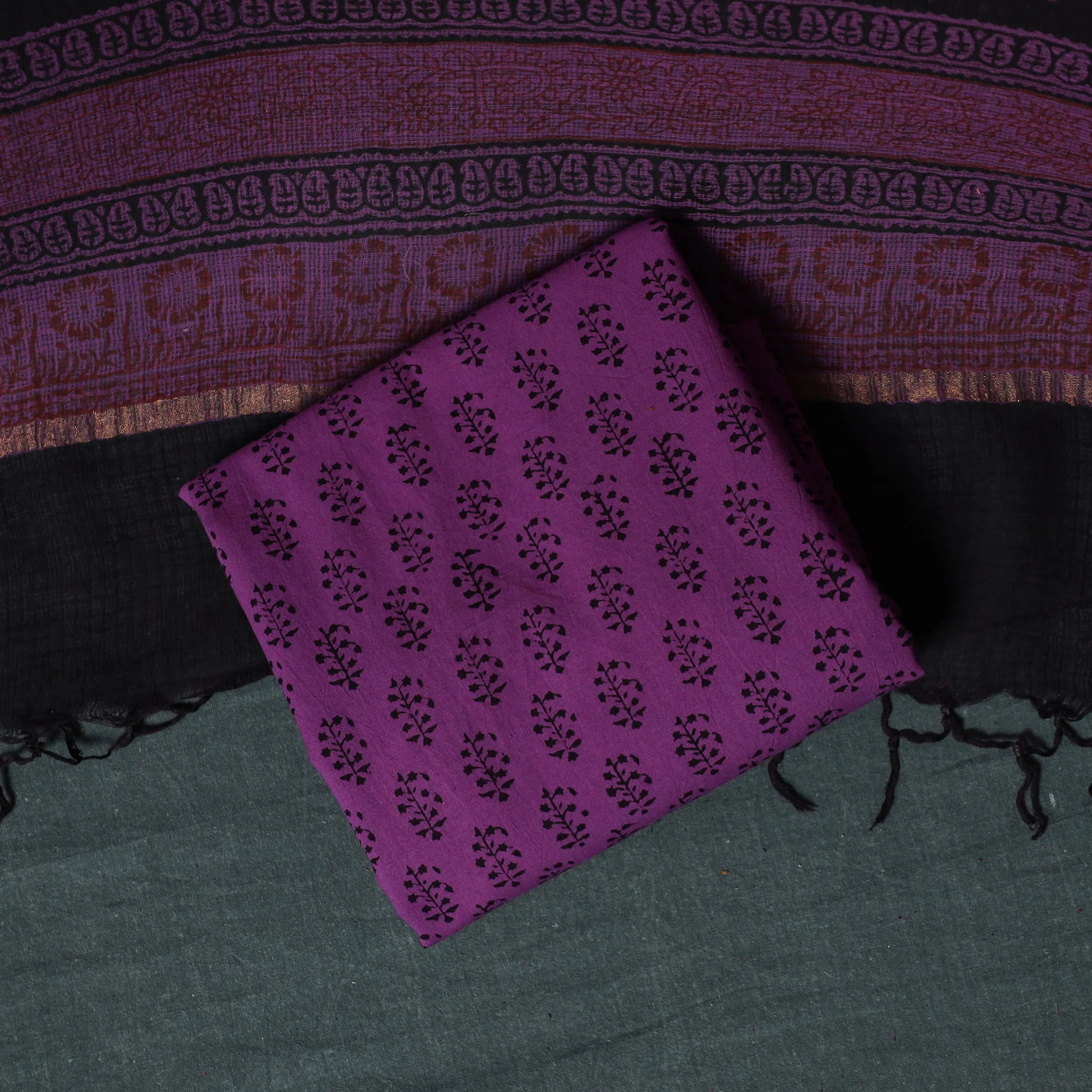 Purple - Bagh Hand Block Print Natural Dyed Kota Doria Cotton 3pc Unstitched Dress Material Suit Set 36 - Image 5