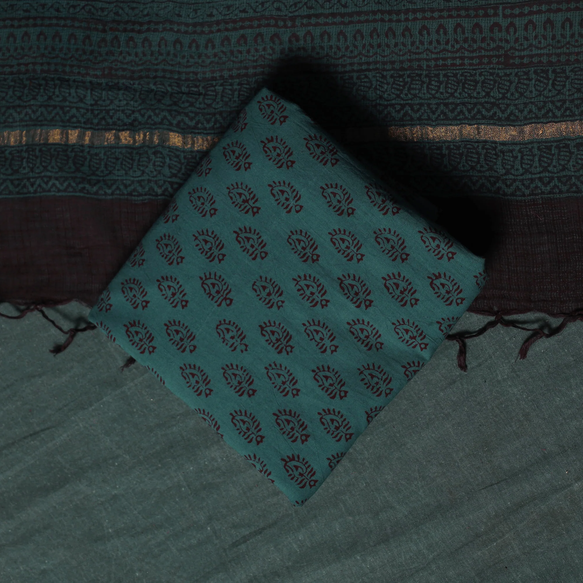 Black - Bagh Hand Block Print Natural Dyed Kota Doria Cotton 3pc Unstitched Dress Material Suit Set 41 - Image 5