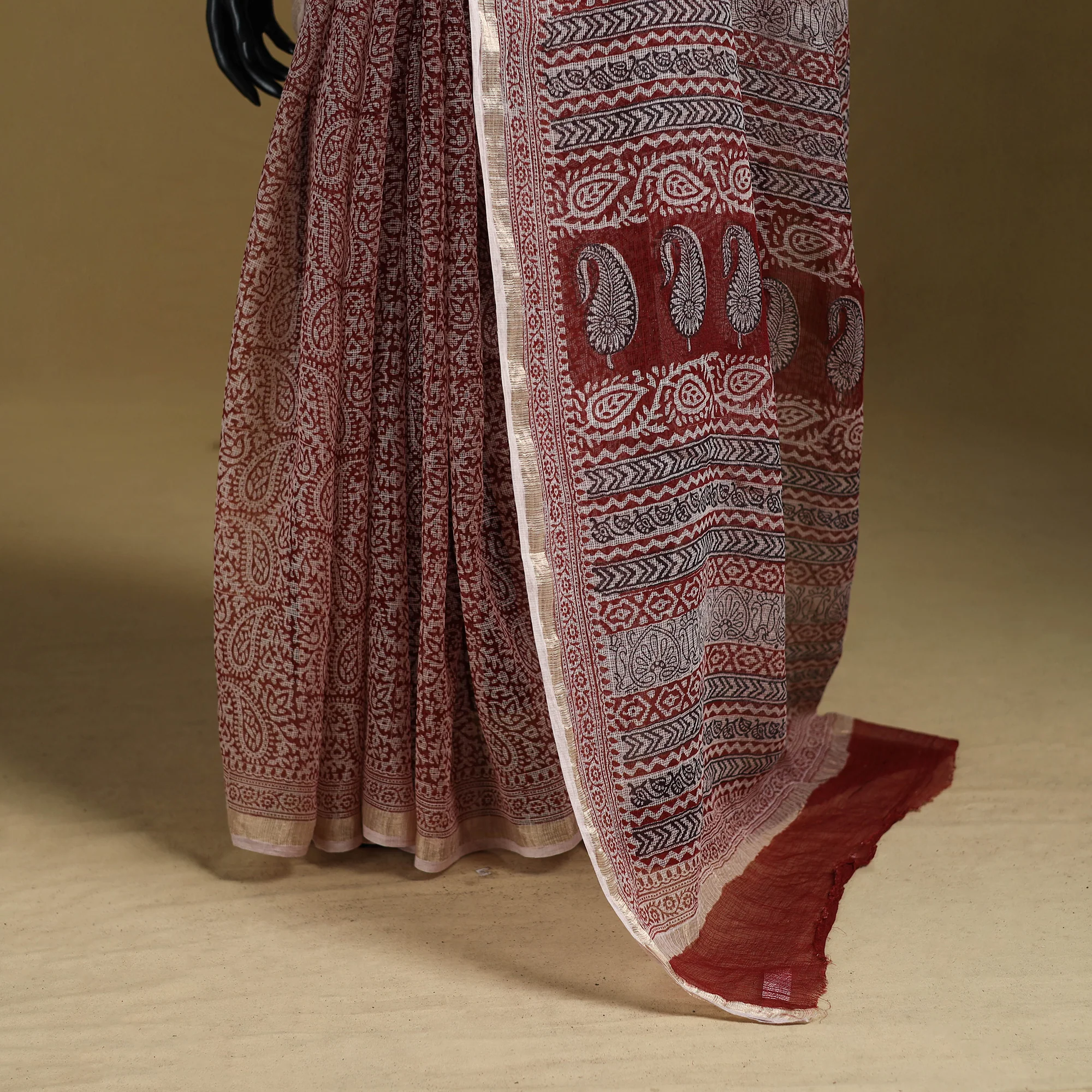 Red - Bagh Hand Block Print Natural Dyed Kota Doria Cotton Saree 22 - Image 4