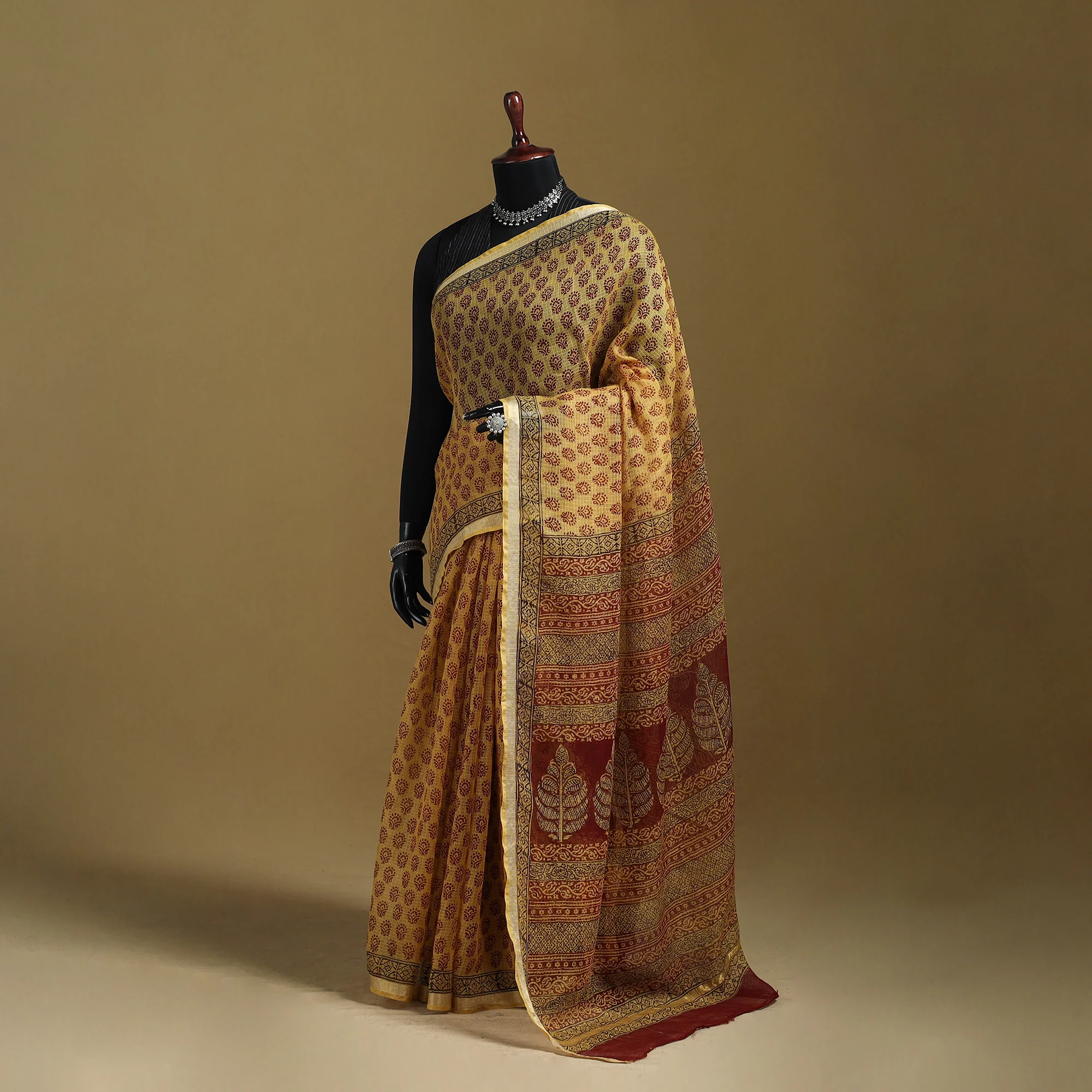 Yellow - Bagh Hand Block Print Natural Dyed Kota Doria Cotton Saree 23