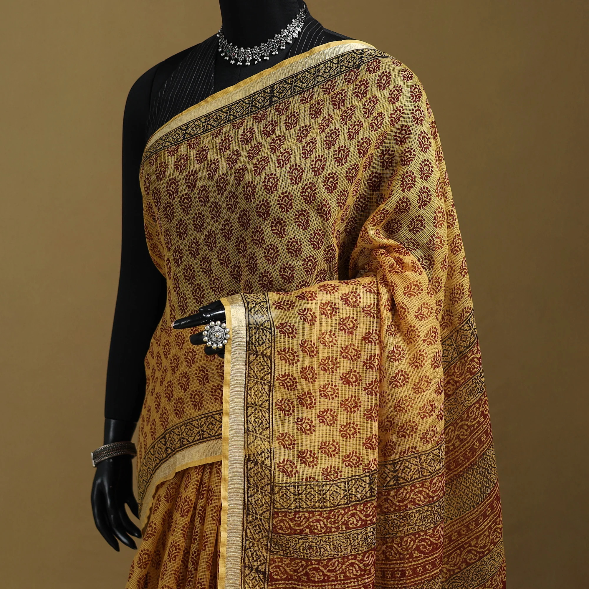 Yellow - Bagh Hand Block Print Natural Dyed Kota Doria Cotton Saree 23 - Image 2