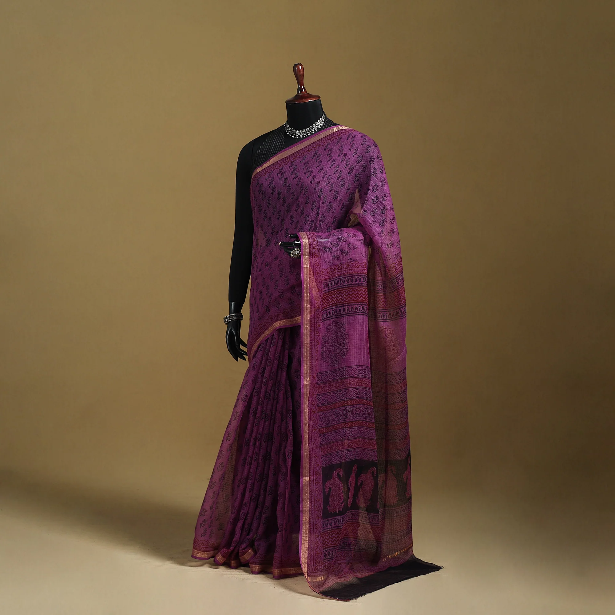 Purple - Bagh Hand Block Print Natural Dyed Kota Doria Cotton Saree 25
