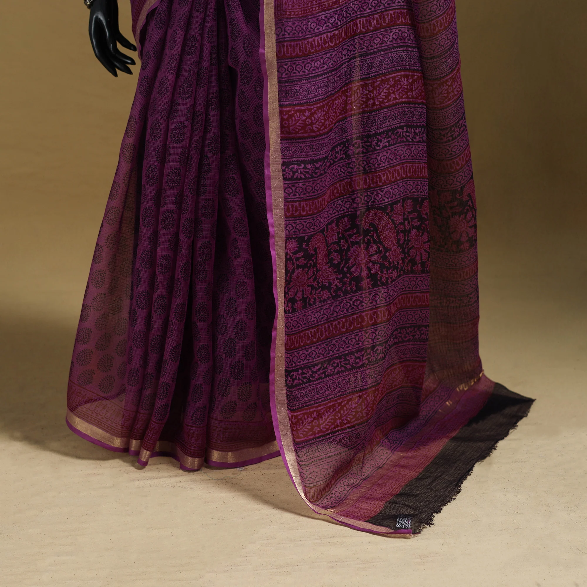 Purple - Bagh Hand Block Print Natural Dyed Kota Doria Cotton Saree 26 - Image 4