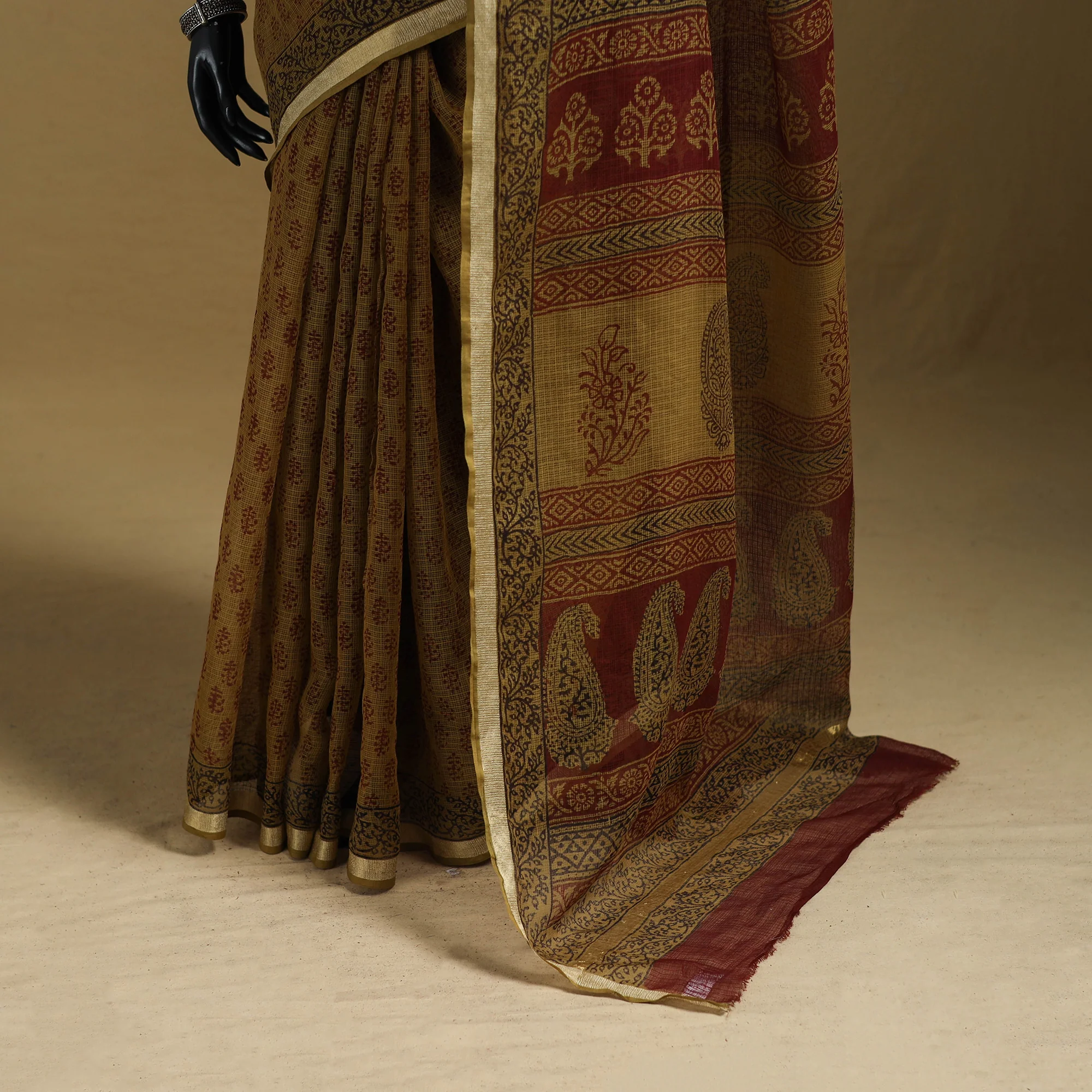 Brown - Bagh Hand Block Print Natural Dyed Kota Doria Cotton Saree 27 - Image 4