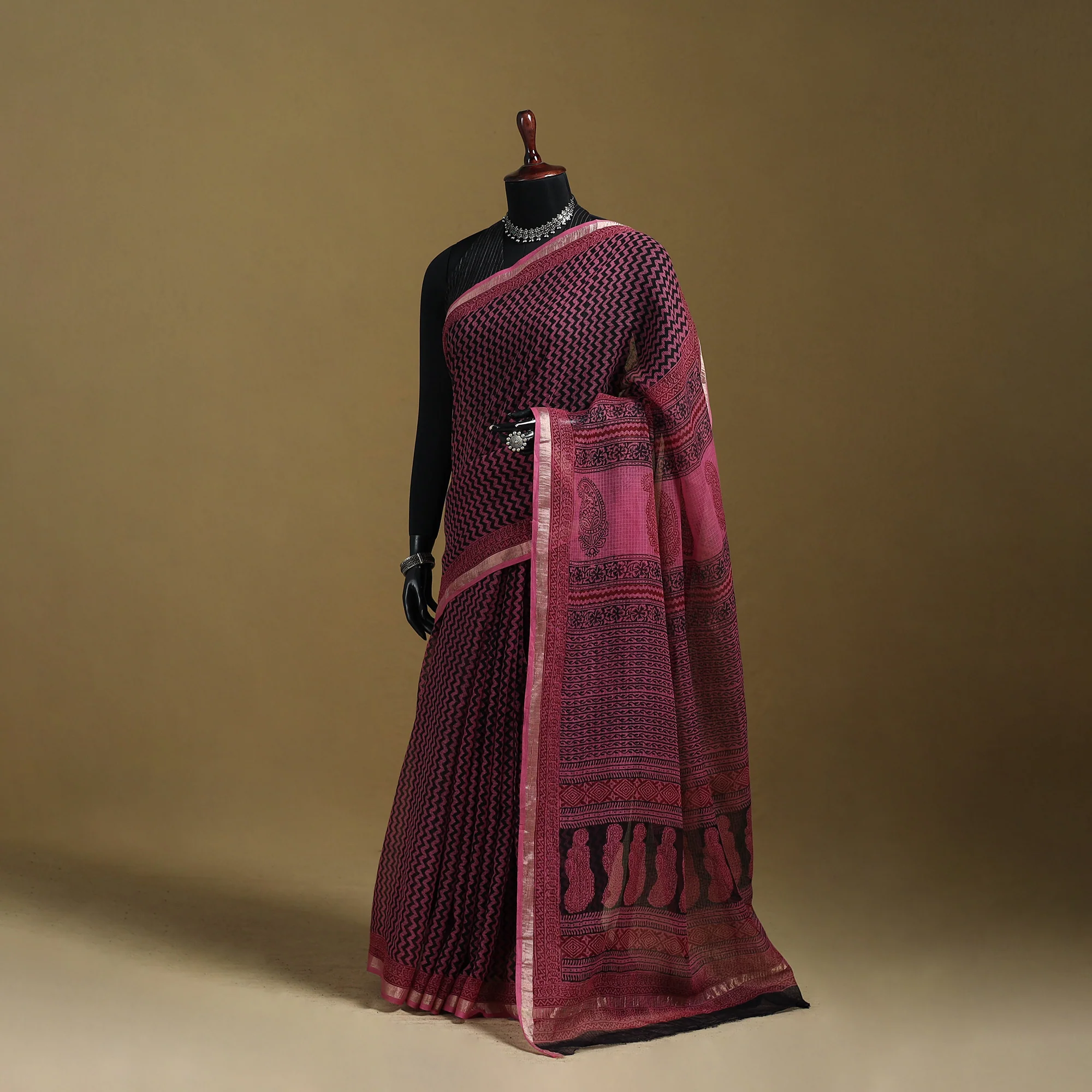 Pink - Bagh Hand Block Print Natural Dyed Kota Doria Cotton Saree 34