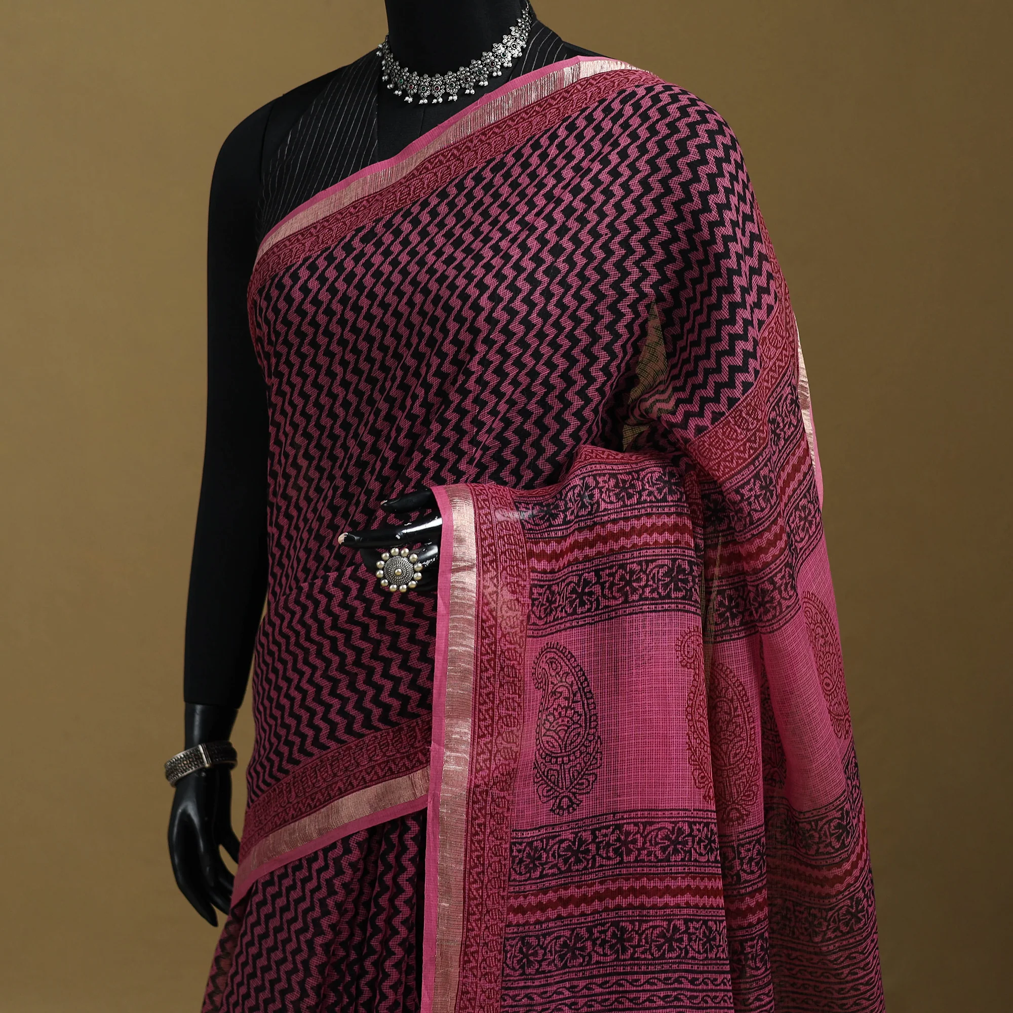 Pink - Bagh Hand Block Print Natural Dyed Kota Doria Cotton Saree 34 - Image 2
