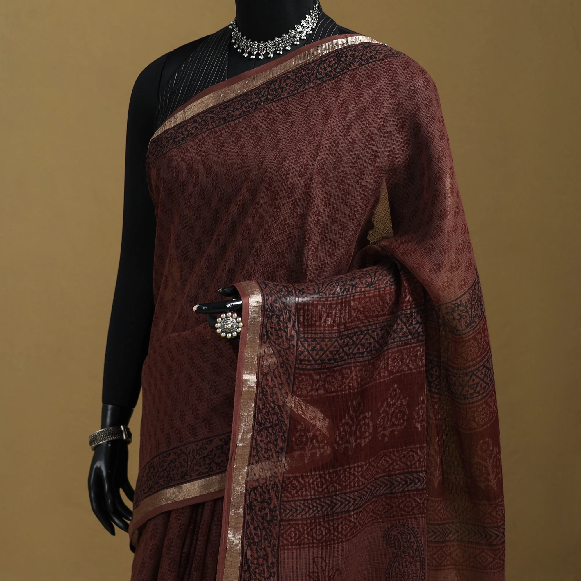 Brown - Bagh Hand Block Print Natural Dyed Kota Doria Cotton Saree 42 - Image 2