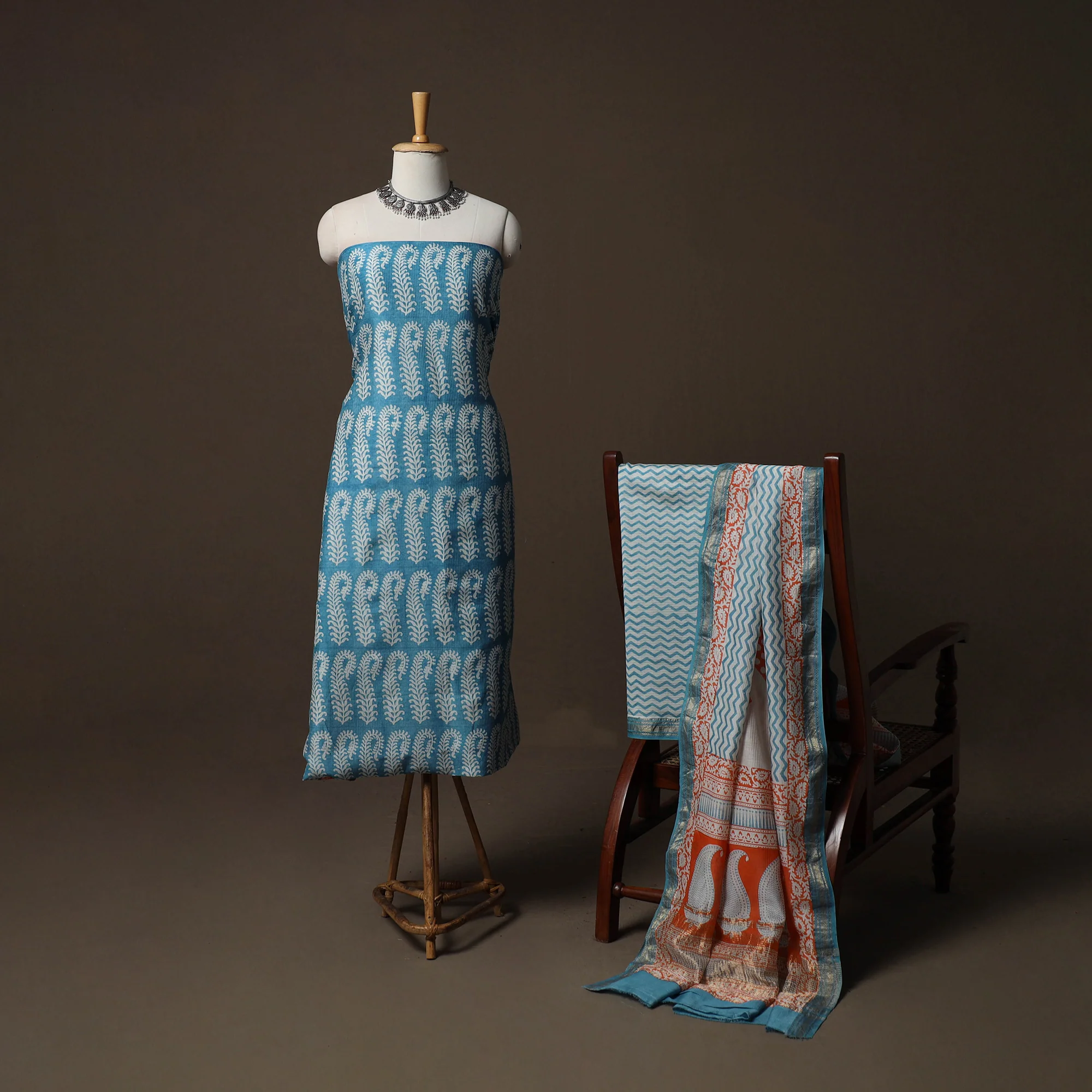 Blue - Bagh Hand Block Print Natural Dyed Maheshwari Silk 3pc Unstitched Dress Material Suit Set 01 - Image 2