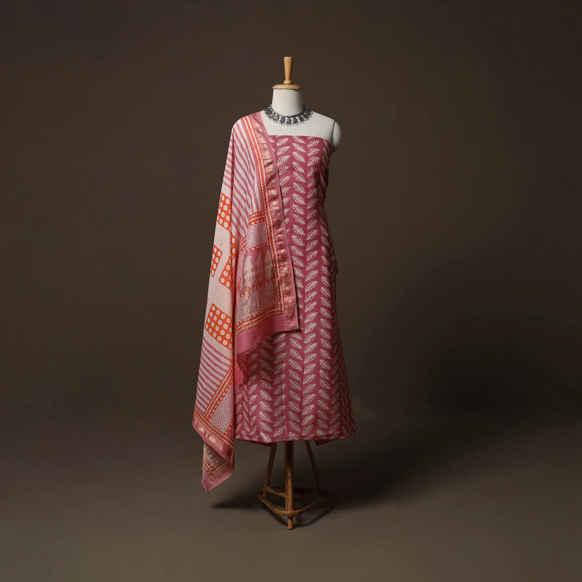 Pink - Bagh Hand Block Print Natural Dyed Maheshwari Silk 3pc Unstitched Dress Material Suit Set 03