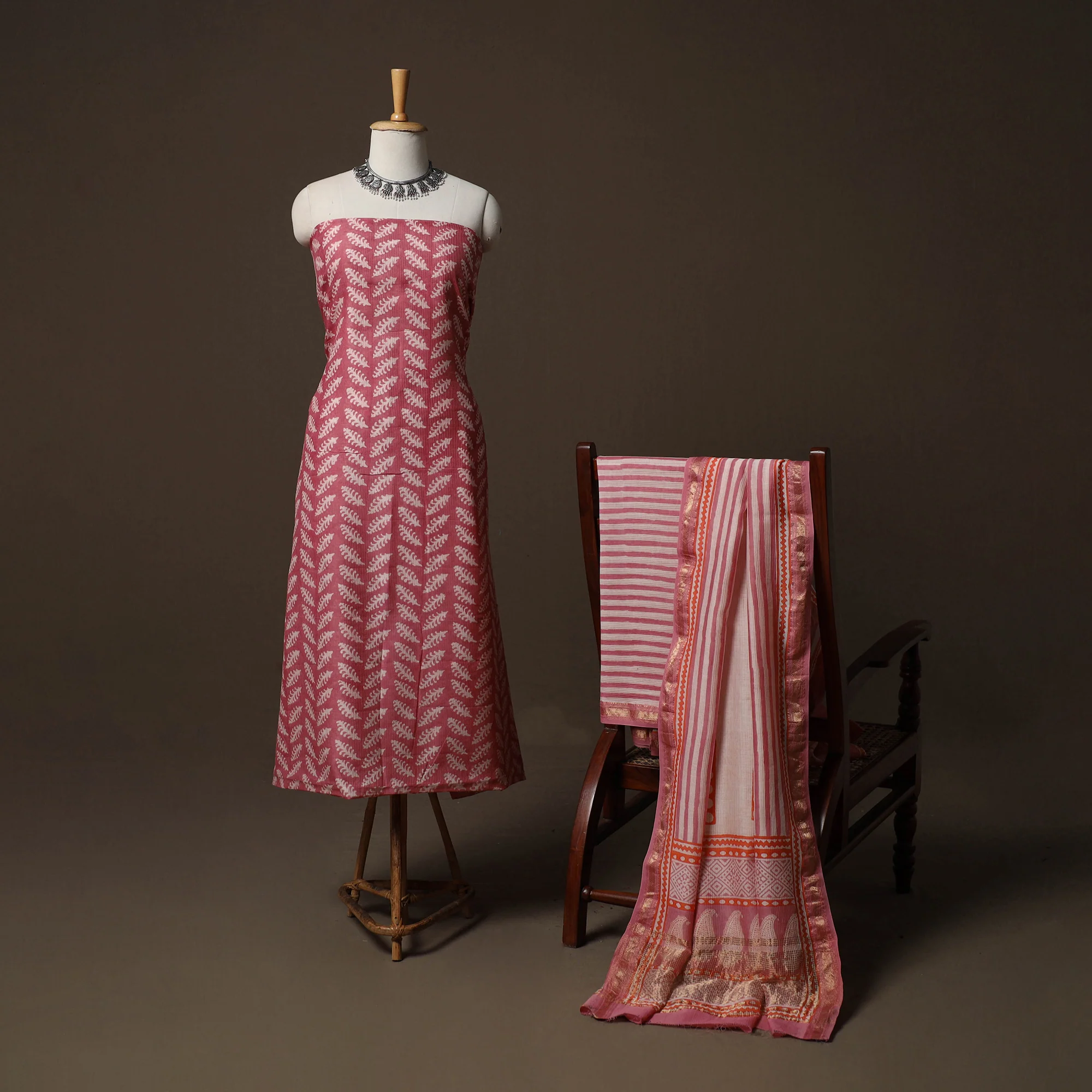 Pink - Bagh Hand Block Print Natural Dyed Maheshwari Silk 3pc Unstitched Dress Material Suit Set 03 - Image 2