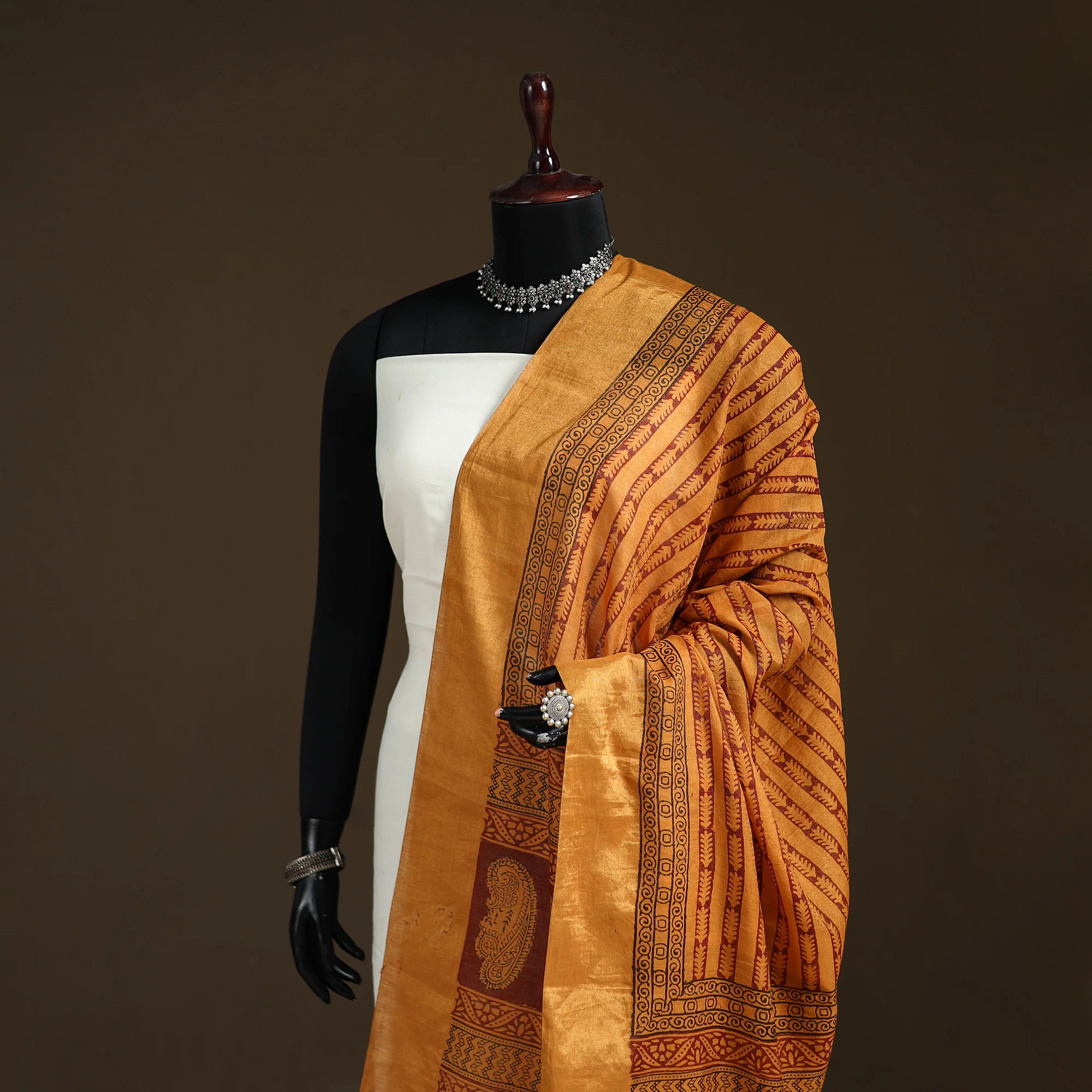 Orange - Bagh Hand Block Print Natural Dyed Tissue Zari Chanderi Silk Dupatta 11 - Image 2