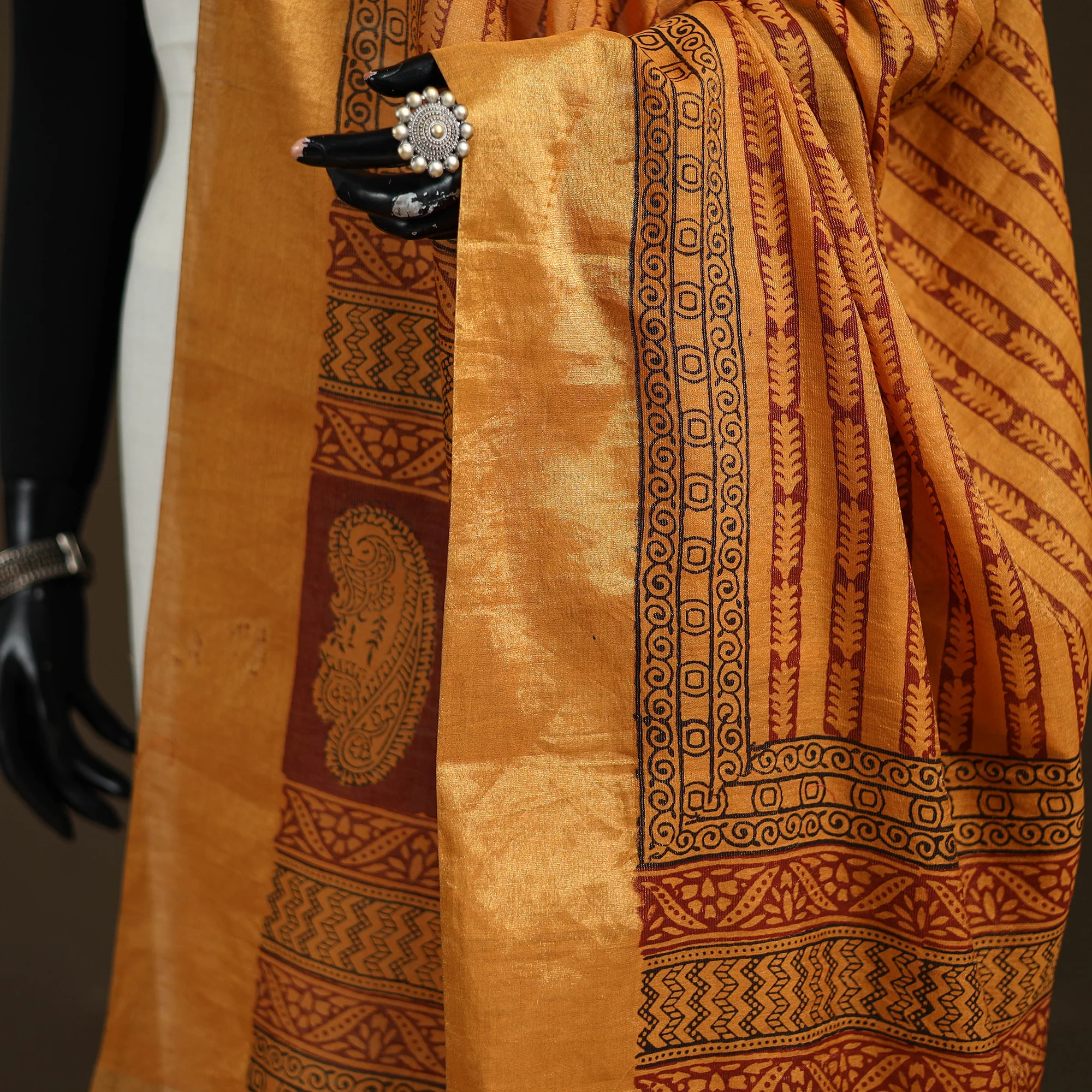 Orange - Bagh Hand Block Print Natural Dyed Tissue Zari Chanderi Silk Dupatta 11 - Image 3