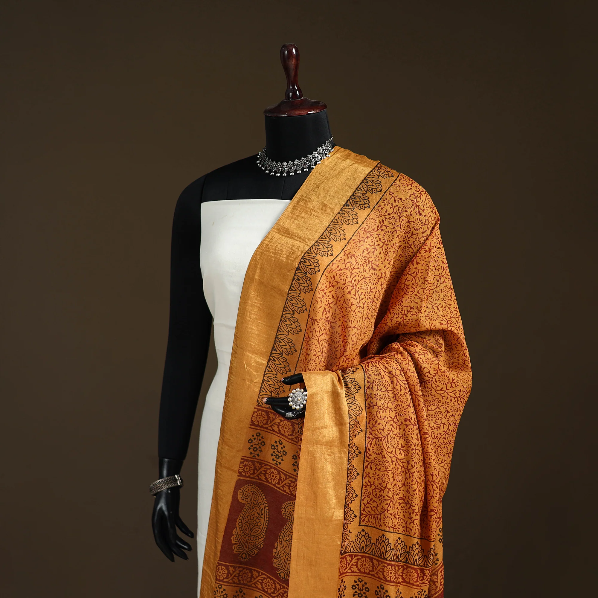 Orange - Bagh Hand Block Print Natural Dyed Tissue Zari Chanderi Silk Dupatta 12 - Image 2