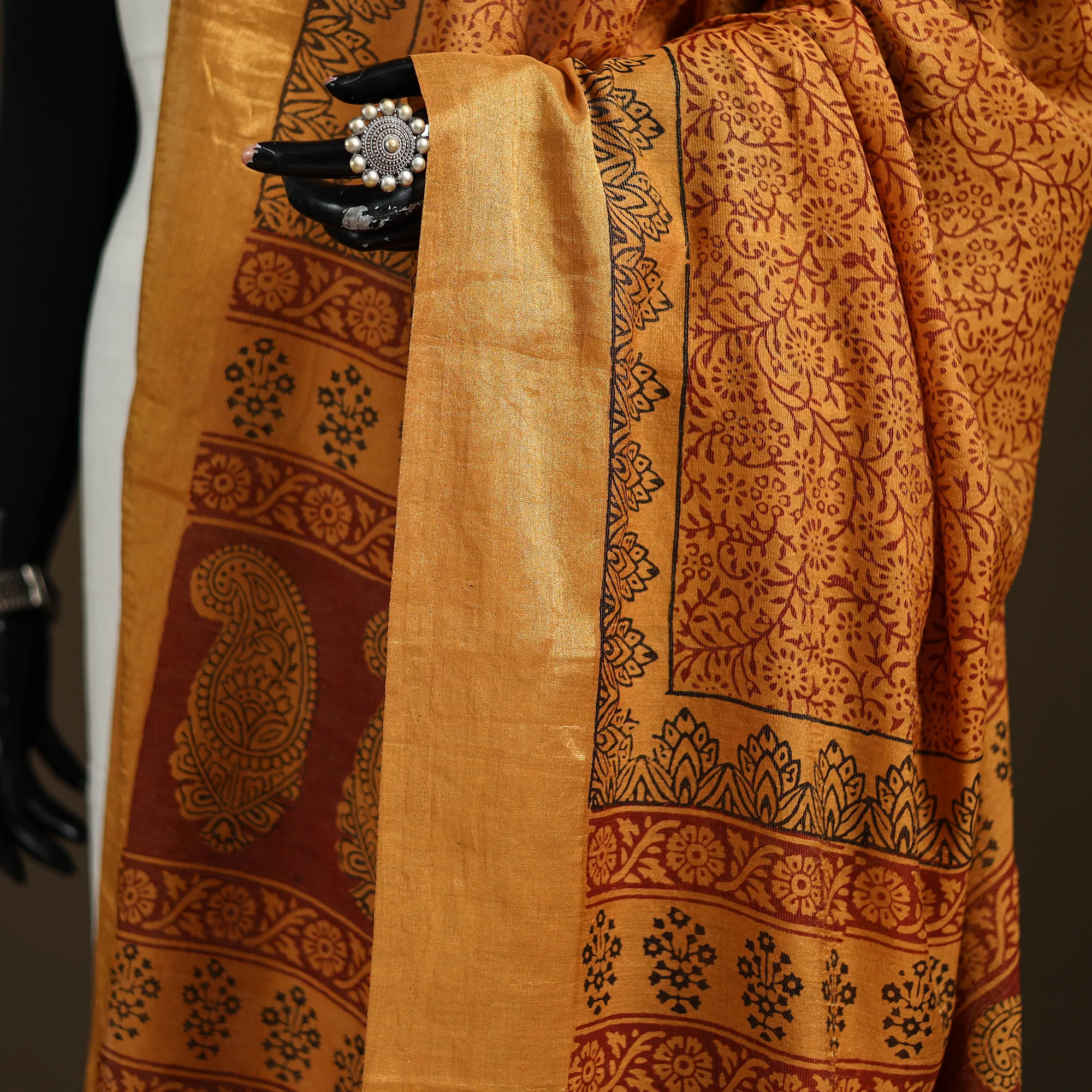 Orange - Bagh Hand Block Print Natural Dyed Tissue Zari Chanderi Silk Dupatta 12 - Image 3