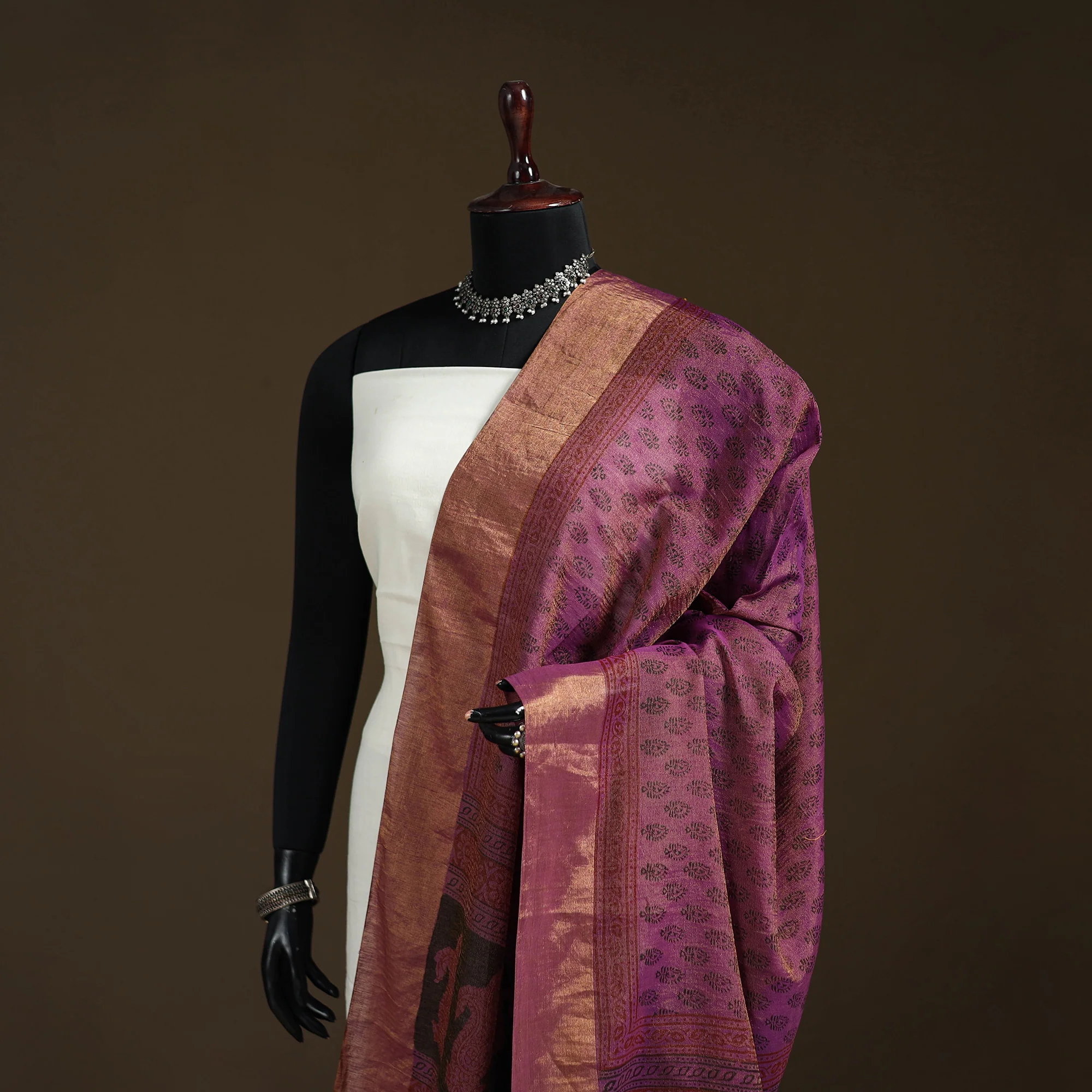 Purple - Bagh Hand Block Print Natural Dyed Tissue Zari Chanderi Silk Dupatta 16 - Image 2