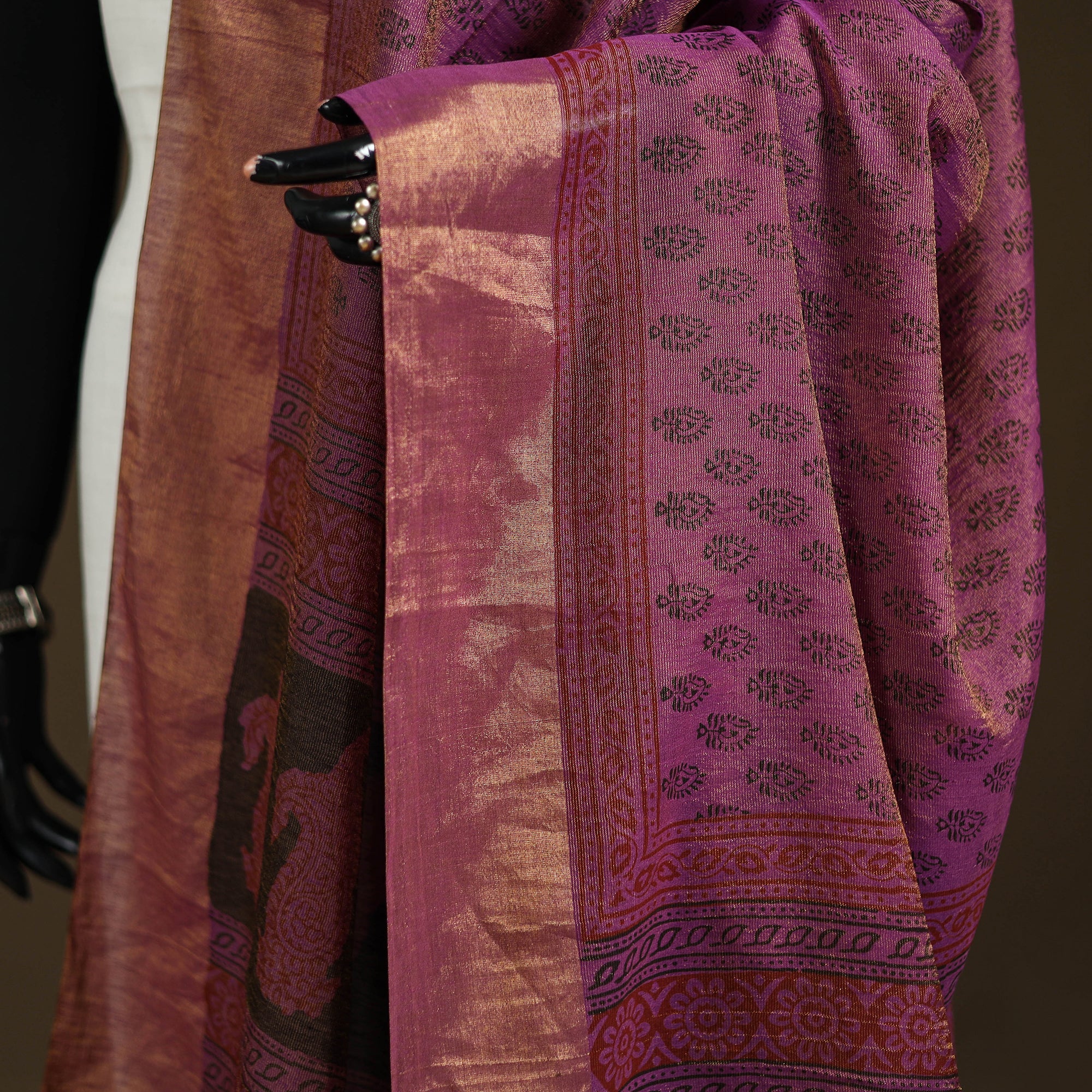 Purple - Bagh Hand Block Print Natural Dyed Tissue Zari Chanderi Silk Dupatta 16 - Image 3