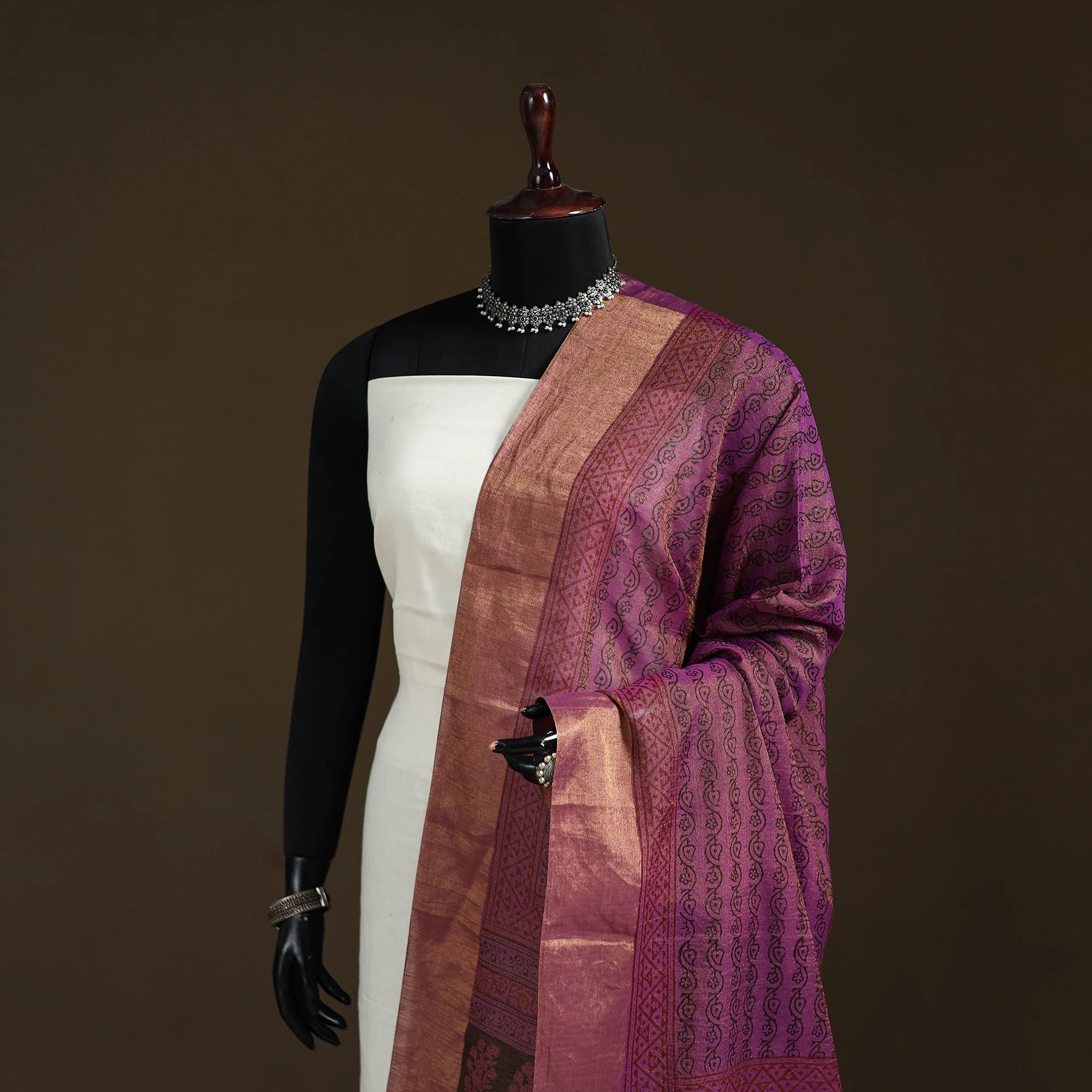 Purple - Bagh Hand Block Print Natural Dyed Tissue Zari Chanderi Silk Dupatta 17 - Image 2