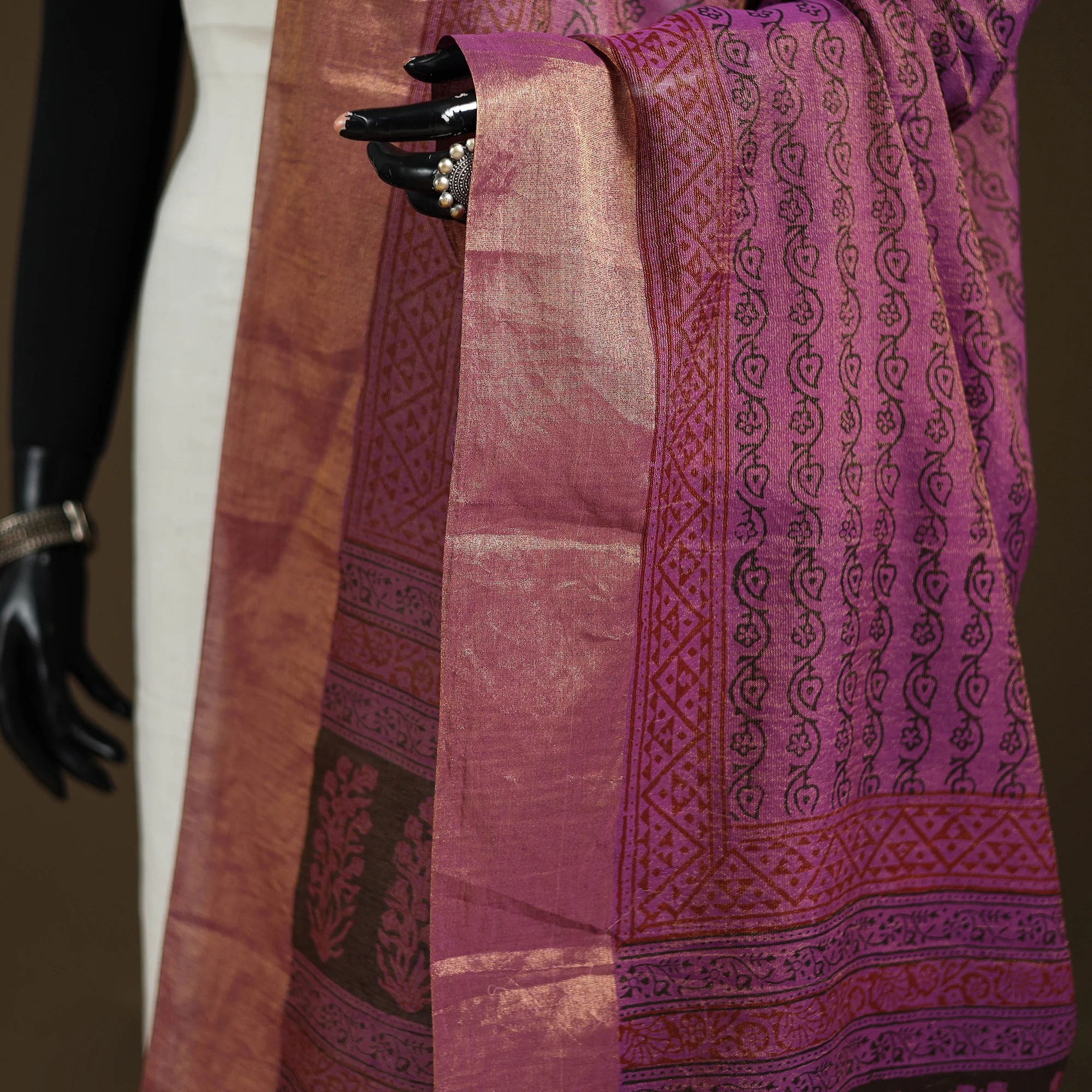 Purple - Bagh Hand Block Print Natural Dyed Tissue Zari Chanderi Silk Dupatta 17 - Image 3