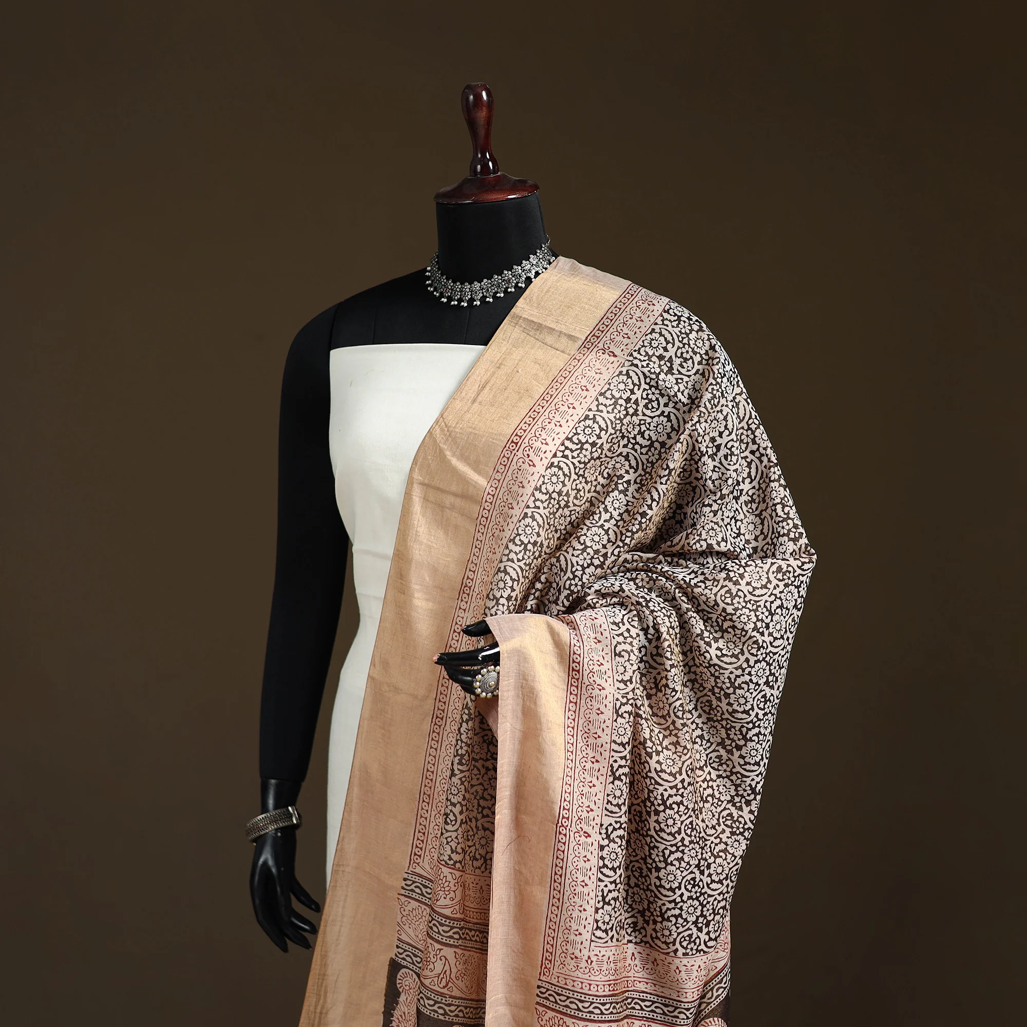 Beige - Bagh Hand Block Print Natural Dyed Tissue Zari Chanderi Silk Dupatta 18 - Image 2