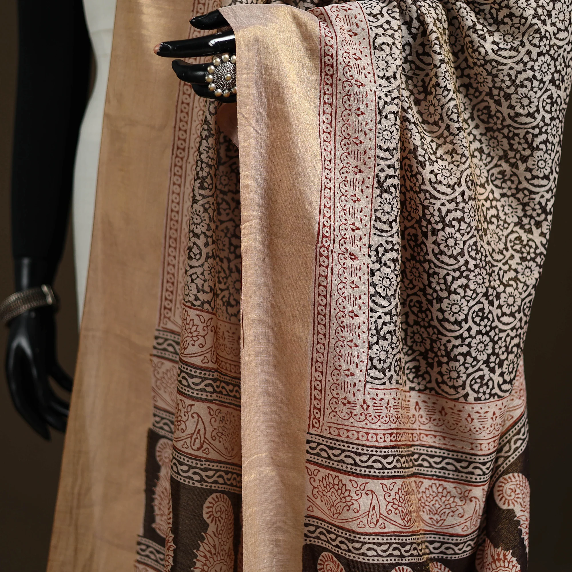 Beige - Bagh Hand Block Print Natural Dyed Tissue Zari Chanderi Silk Dupatta 18 - Image 3
