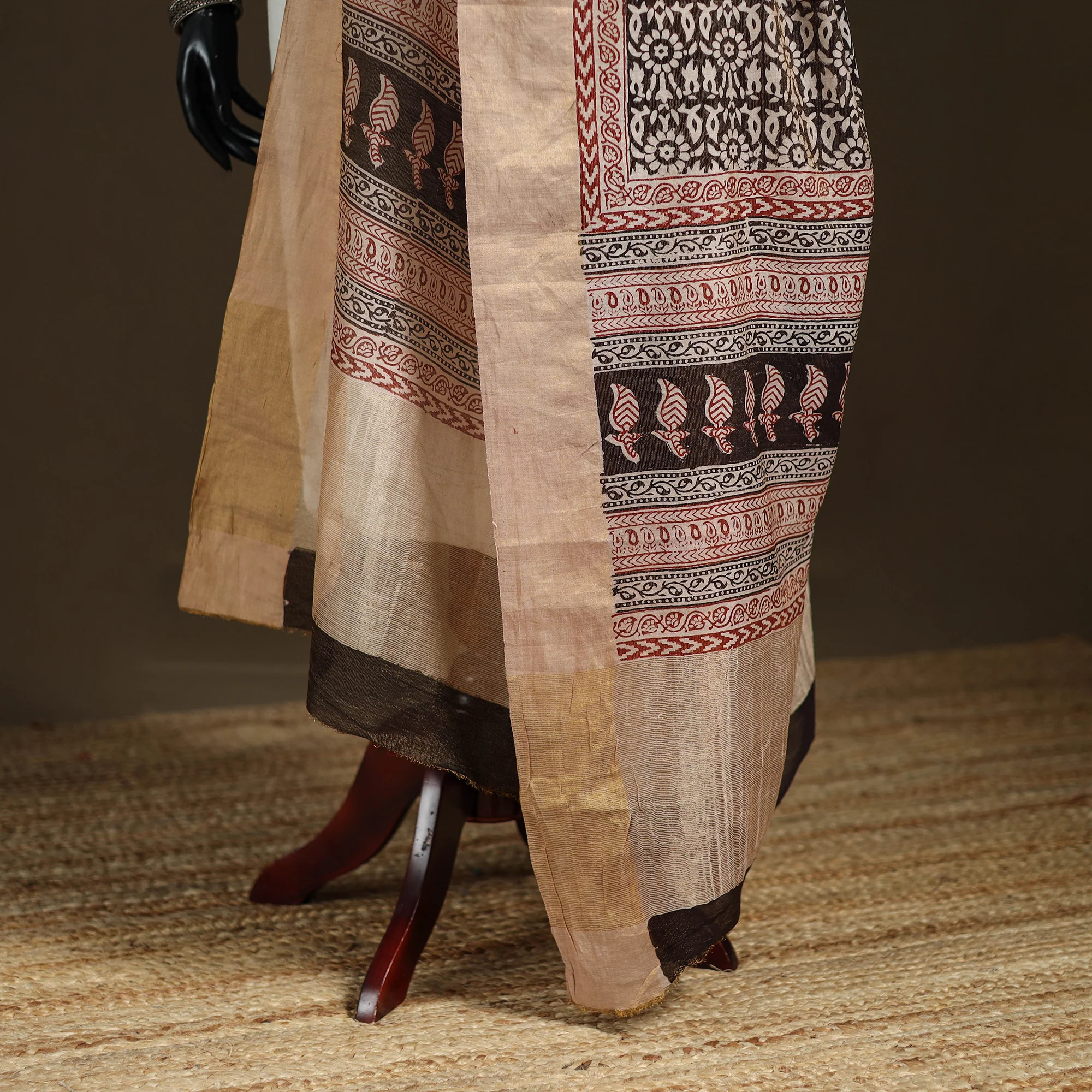Beige - Bagh Hand Block Print Natural Dyed Tissue Zari Chanderi Silk Dupatta 19 - Image 4