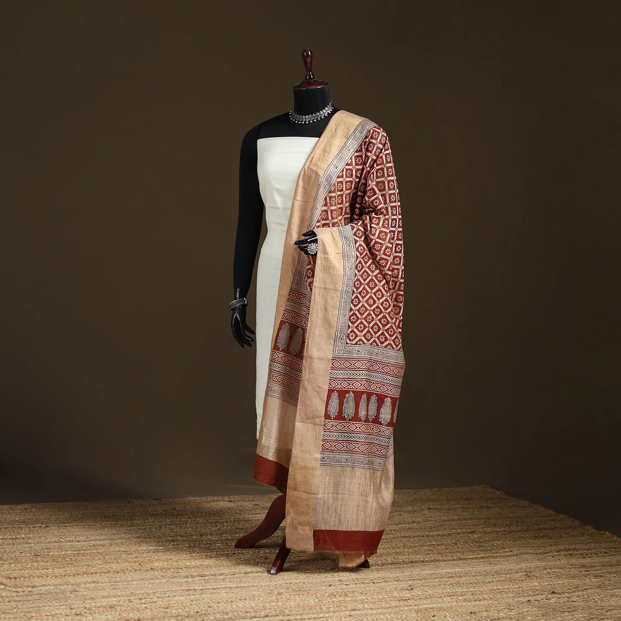 Maroon - Bagh Hand Block Print Natural Dyed Tissue Zari Chanderi Silk Dupatta 20