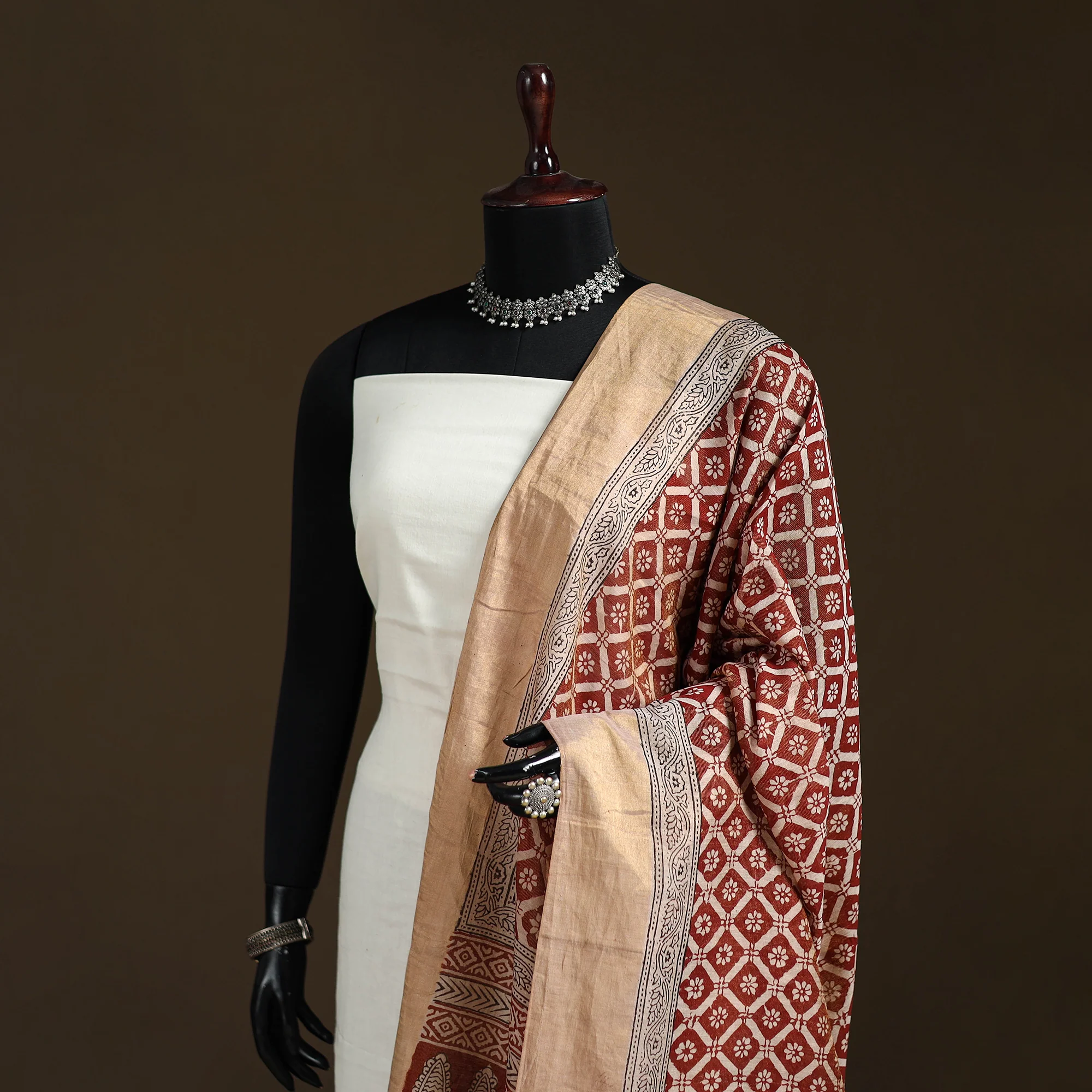 Maroon - Bagh Hand Block Print Natural Dyed Tissue Zari Chanderi Silk Dupatta 20 - Image 2