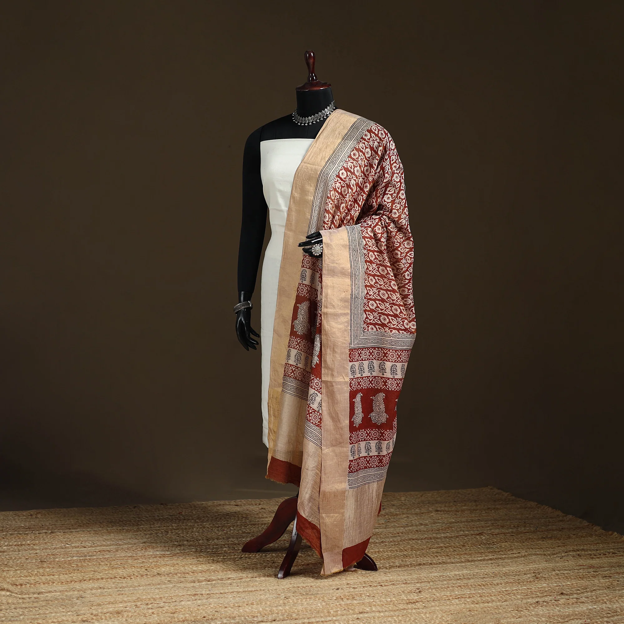 Multicolor - Maroon - Bagh Hand Block Print Natural Dyed Tissue Zari Chanderi Silk Dupatta 21