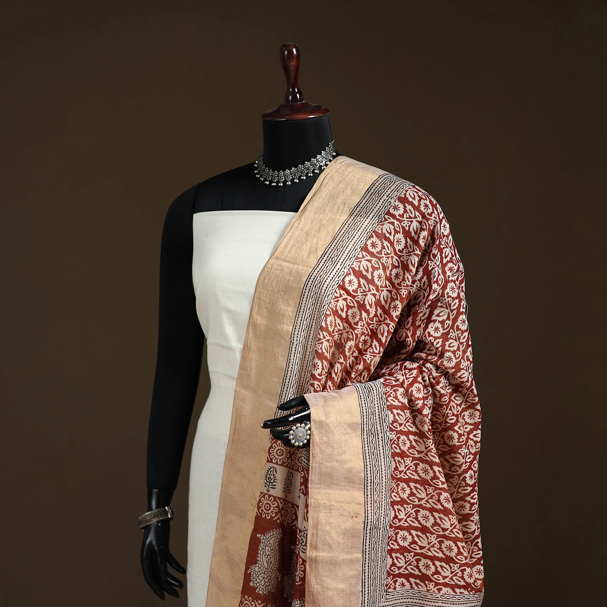 Multicolor - Maroon - Bagh Hand Block Print Natural Dyed Tissue Zari Chanderi Silk Dupatta 21 - Image 2