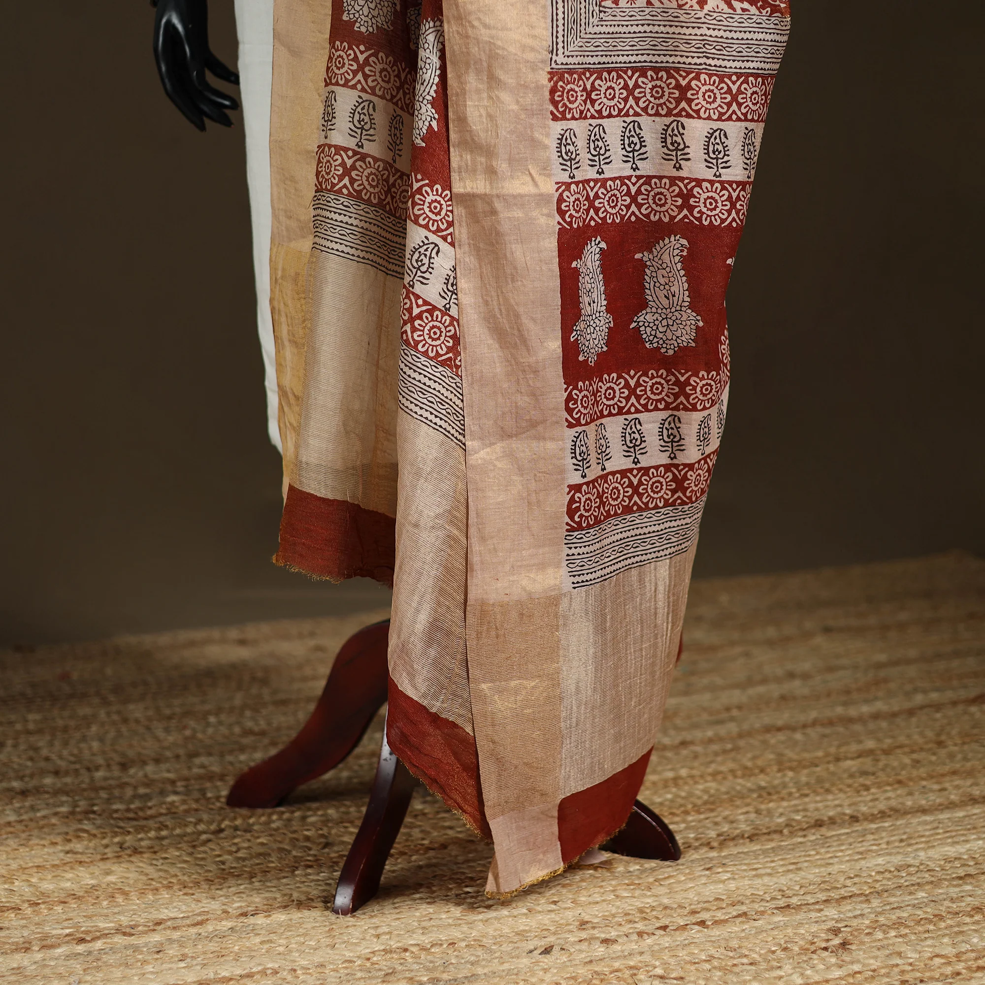 Multicolor - Maroon - Bagh Hand Block Print Natural Dyed Tissue Zari Chanderi Silk Dupatta 21 - Image 4