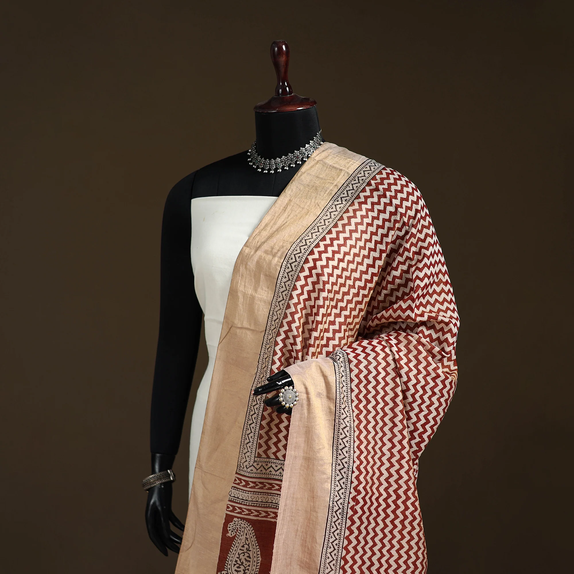 Multicolor - Maroon - Bagh Hand Block Print Natural Dyed Tissue Zari Chanderi Silk Dupatta 22 - Image 2