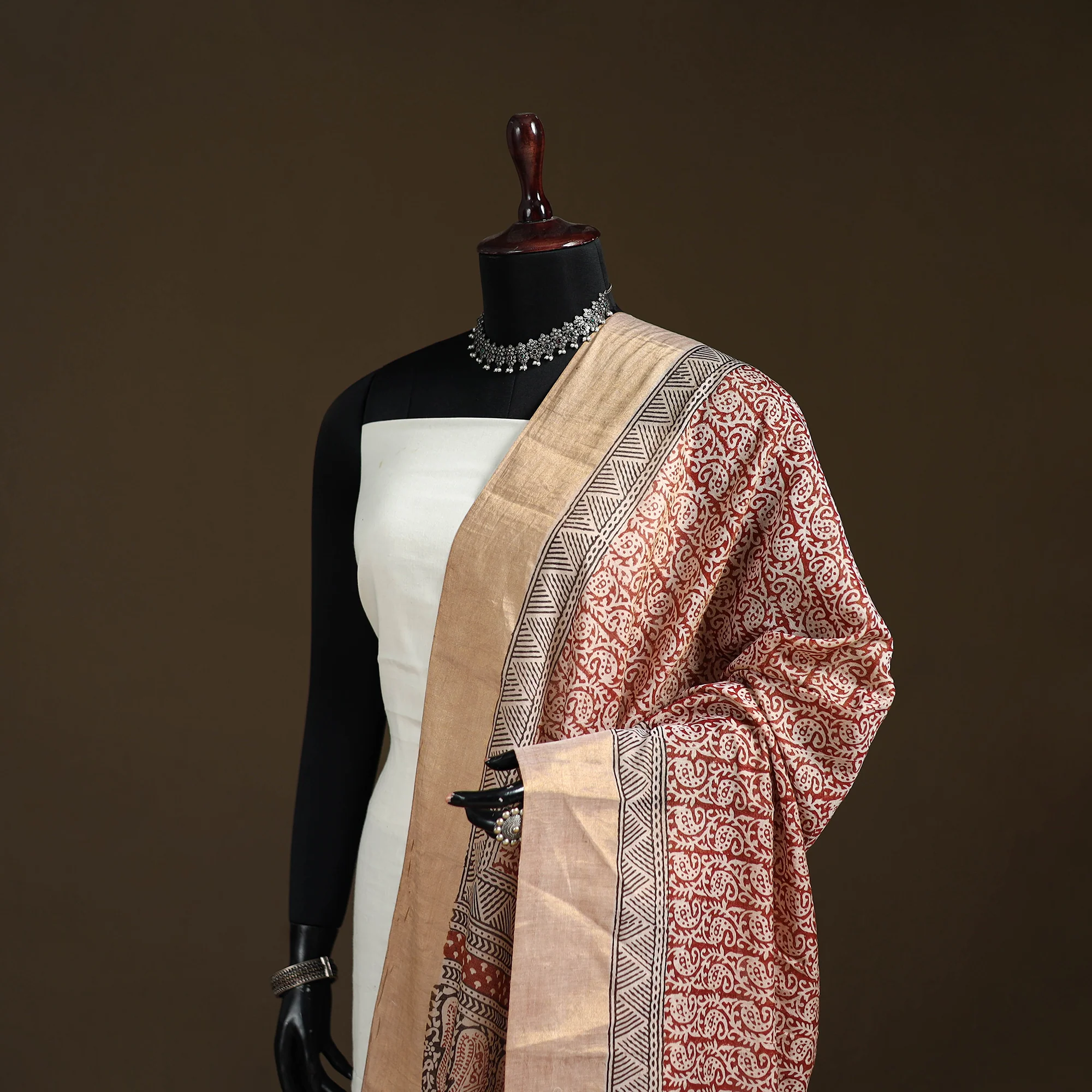 Red - Bagh Hand Block Print Natural Dyed Tissue Zari Chanderi Silk Dupatta 23 - Image 2
